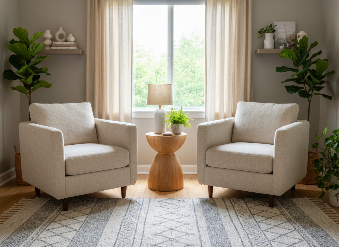 Warm, modern counseling office with two comfortable chairs facing each other, soft lighting, and indoor plants in a neutral, welcoming space.