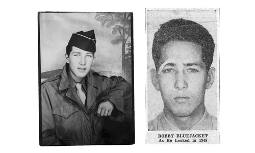 Left: BlueJacket in the U.S. Army, 1945. Right: BlueJacket arrested in 1948.