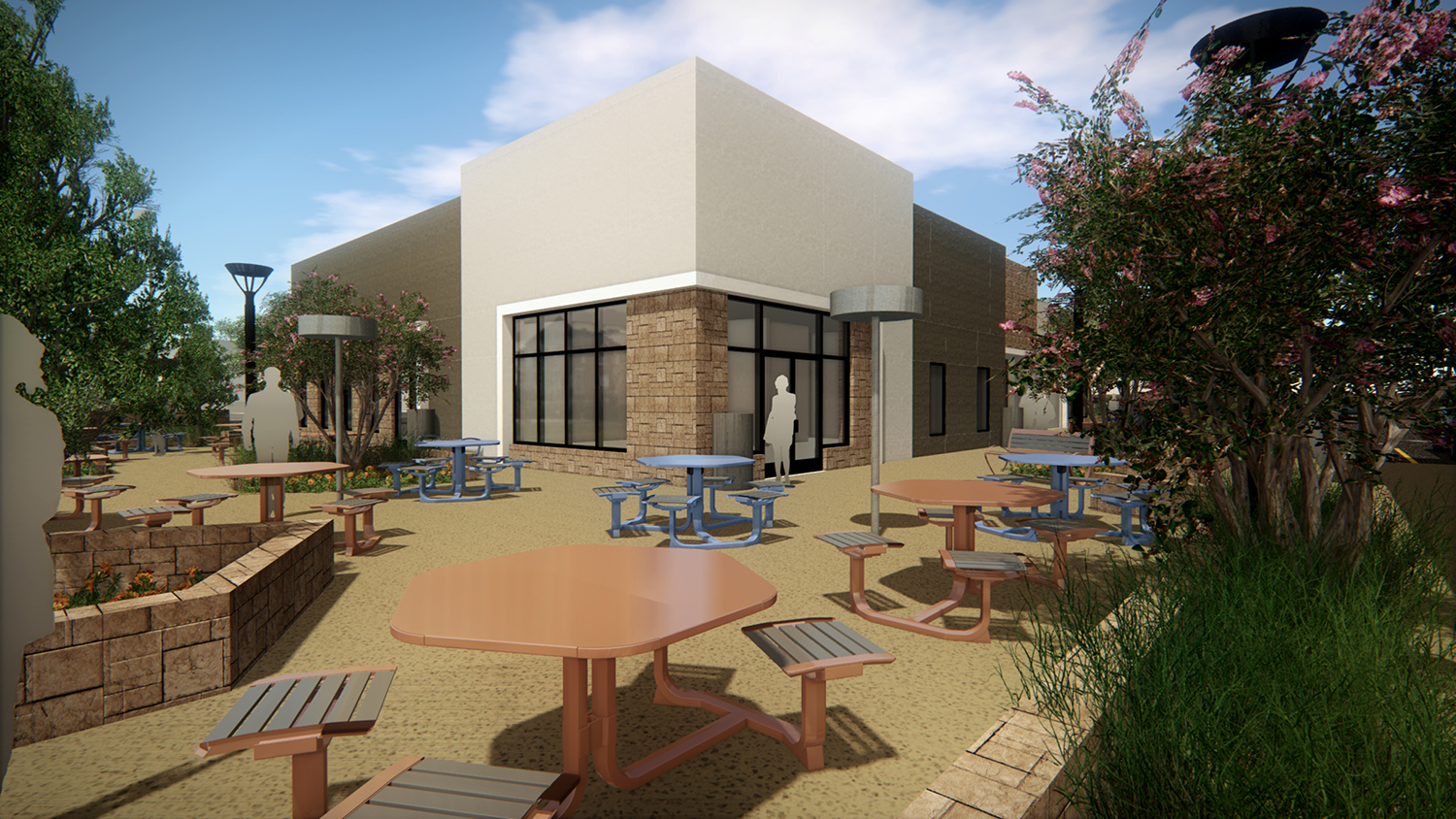 Corner view of restaurant patio and seating