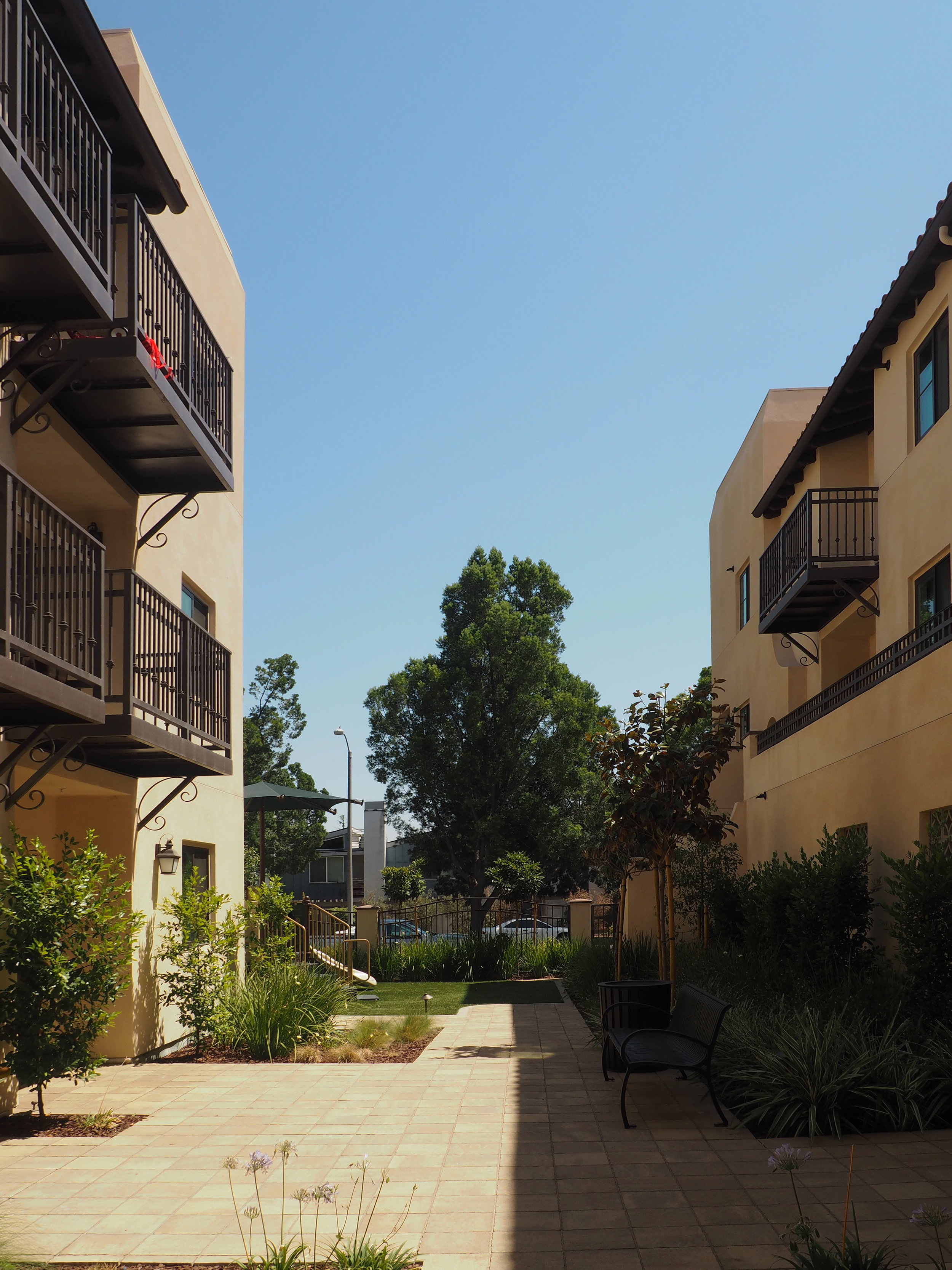 A view from inside the courtyard at Marv's Place Apartments