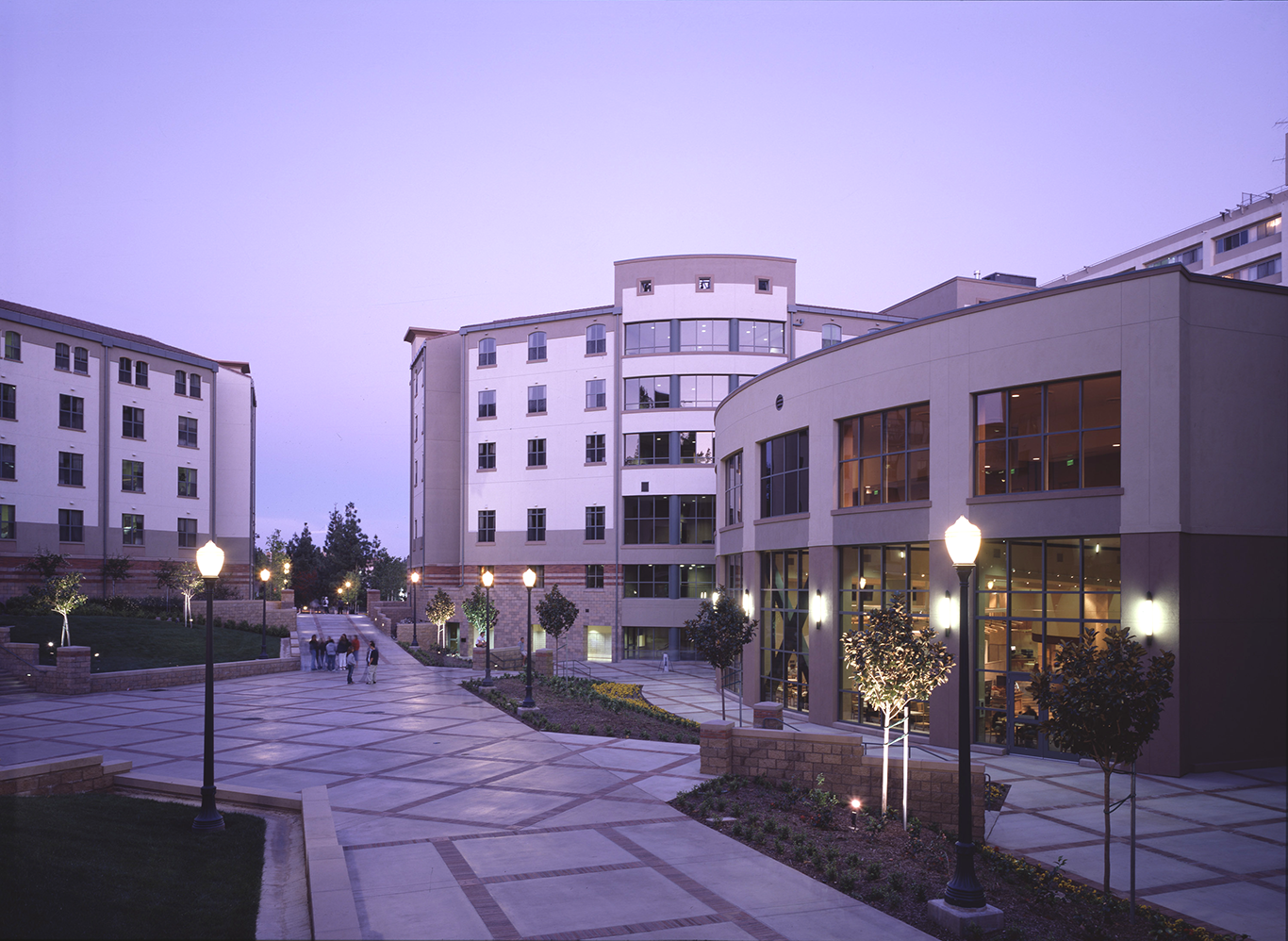 Courtyard view of campus at night with lanterns at University of California - Los Angeles