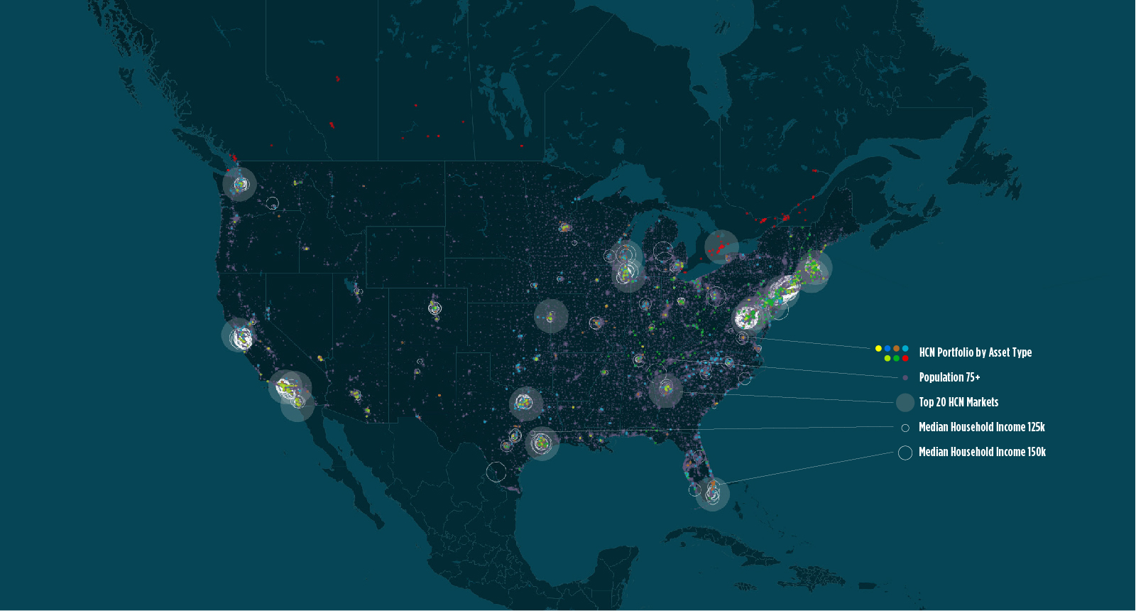 Our connectivity theme started by plotting data sets—from HCN's portfolio of properties, to U.S. MSAs, to recent census numbers. Each data set was mapped as a layer programmatically.