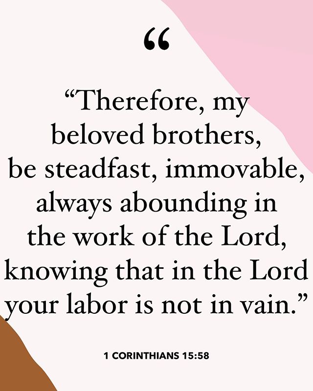 1 Corinthians 15:58
&ldquo;Therefore, my beloved brothers, be steadfast, immovable, always abounding in the work of the Lord, knowing that in the Lord your labor is not in vain.&rdquo; Tuesday = steadfast
Continue to stay focus and steadfast in the s