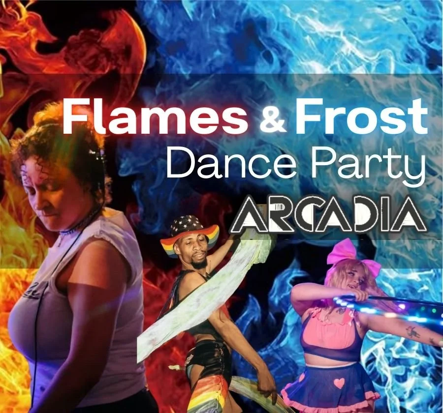 graphic for Flames & Frost Dance Party with pictures of DJ Foxy, Radio and Pixel Angel