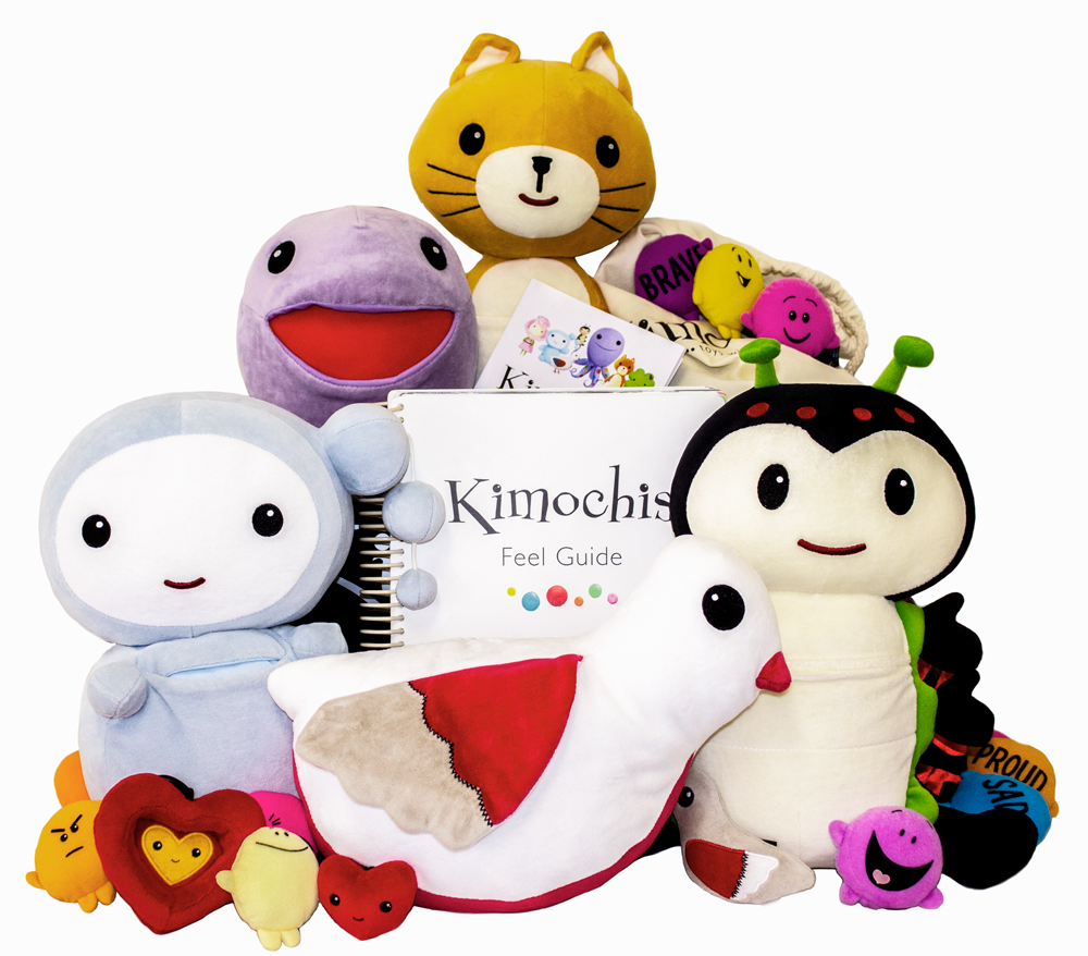 Early Childhood Educators Kit with 5 Kimochis plush toys, nesting heart plush, bag of feelings pillows and curriculum book in a black bag