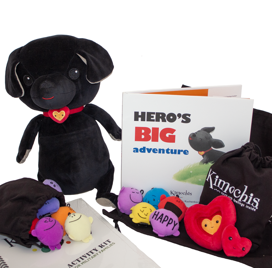 Hero Kimochis plush toy, nesting heart plush, mini bag of mixed feelings pillows, Hero's big adventure book and Activity kit book