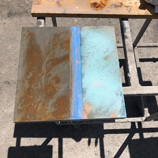 @freestoneconcreteworks is excited to play with some new finishes for a project we have coming up this fall for @yellowstonetraditions 
#customconcrete #oxidation #ironoxide #copperoxidized #samples #makersgonnamake #makersmovement #artisanconcrete