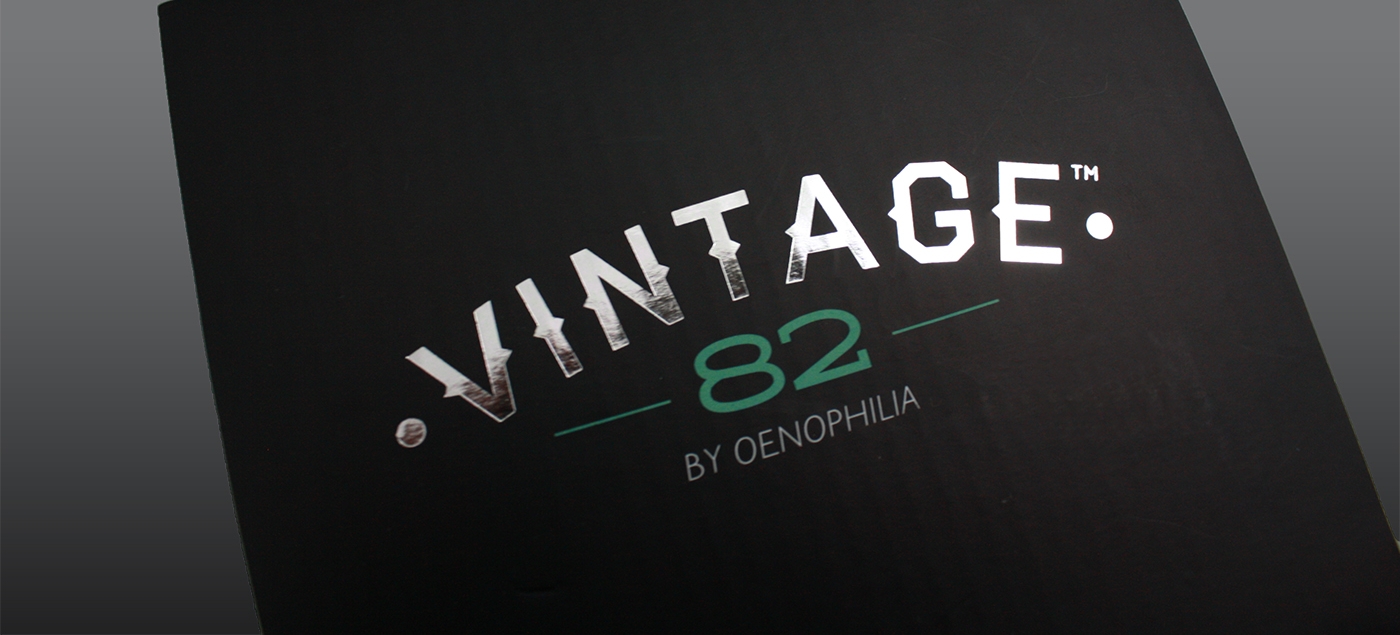  Foil stamps and spot varnishing are used to enhance Vintage 82 packaging. 