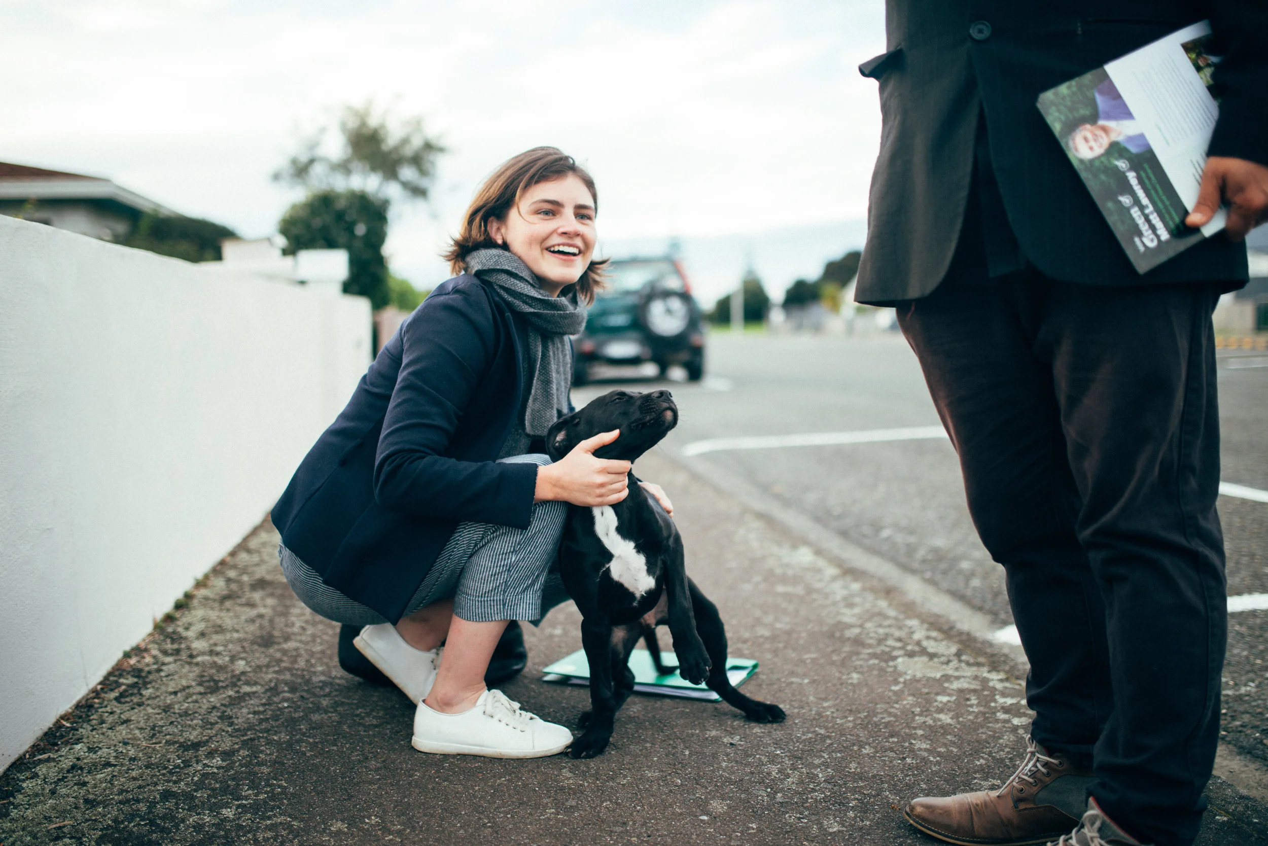 We found a pupper playing on the road.