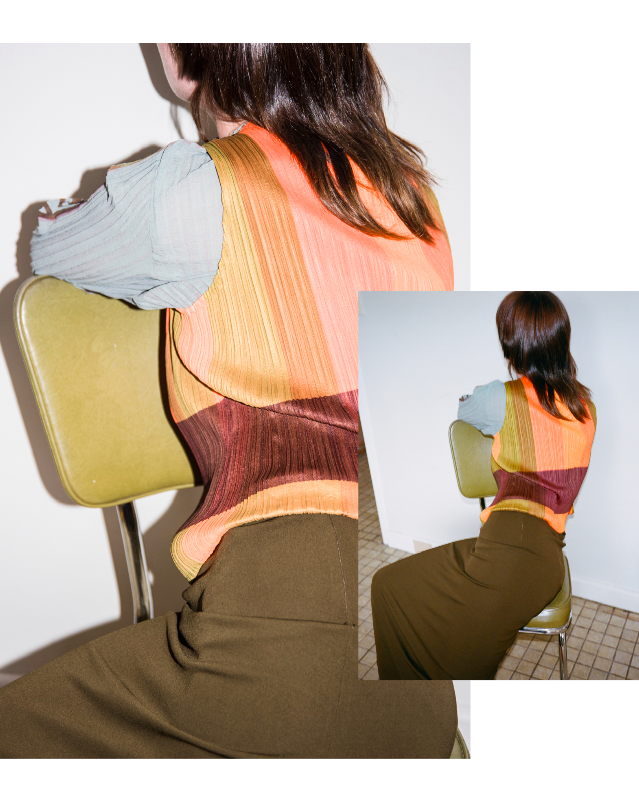 Gemma wears - JPG Olive Green Skirt ~ Issey Miyake Block Colour Singlet ~ Pleated Mona Lisa Longsleeve