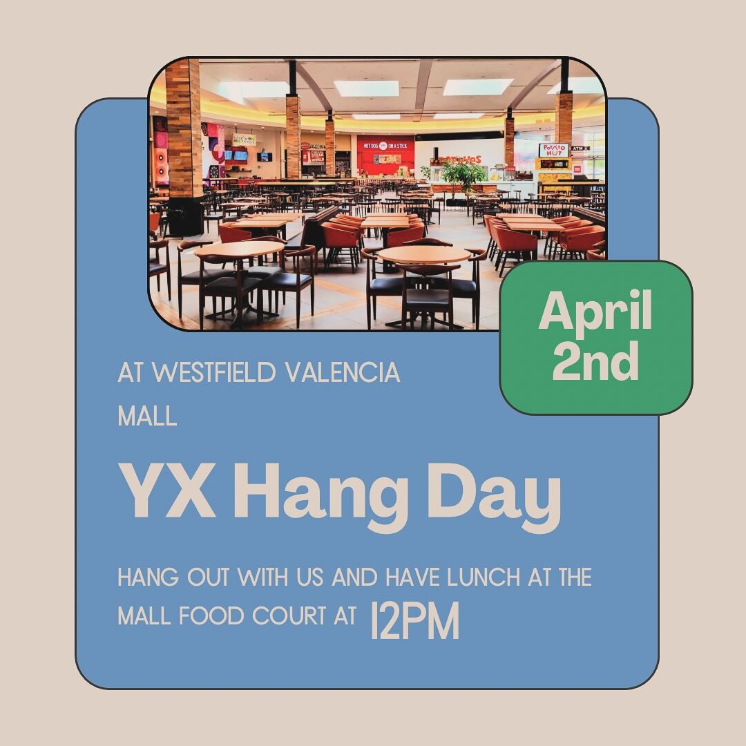 Come hang with us during Spring Break at the mall food court for lunch! 🥪 

#rlc#reallifechurch#yx#youthministry#youthministrylife#hangouts#santaclarita#scv#santaclaritavalley#prayhands#funtimeswithfriends#groupfun#churchmedia#youthministryideas#dar