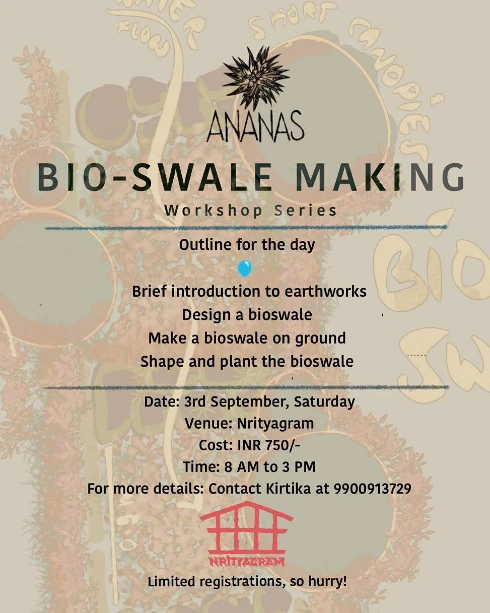 We are doing a workshop on bioswales at Nrityagram this weekend! There will be interesting conversations about earthworks, work on ground and a great lunch! Come join us and do spread the word.

#bioawale #worldwaterday #wwd2022 #groundwater #makingt