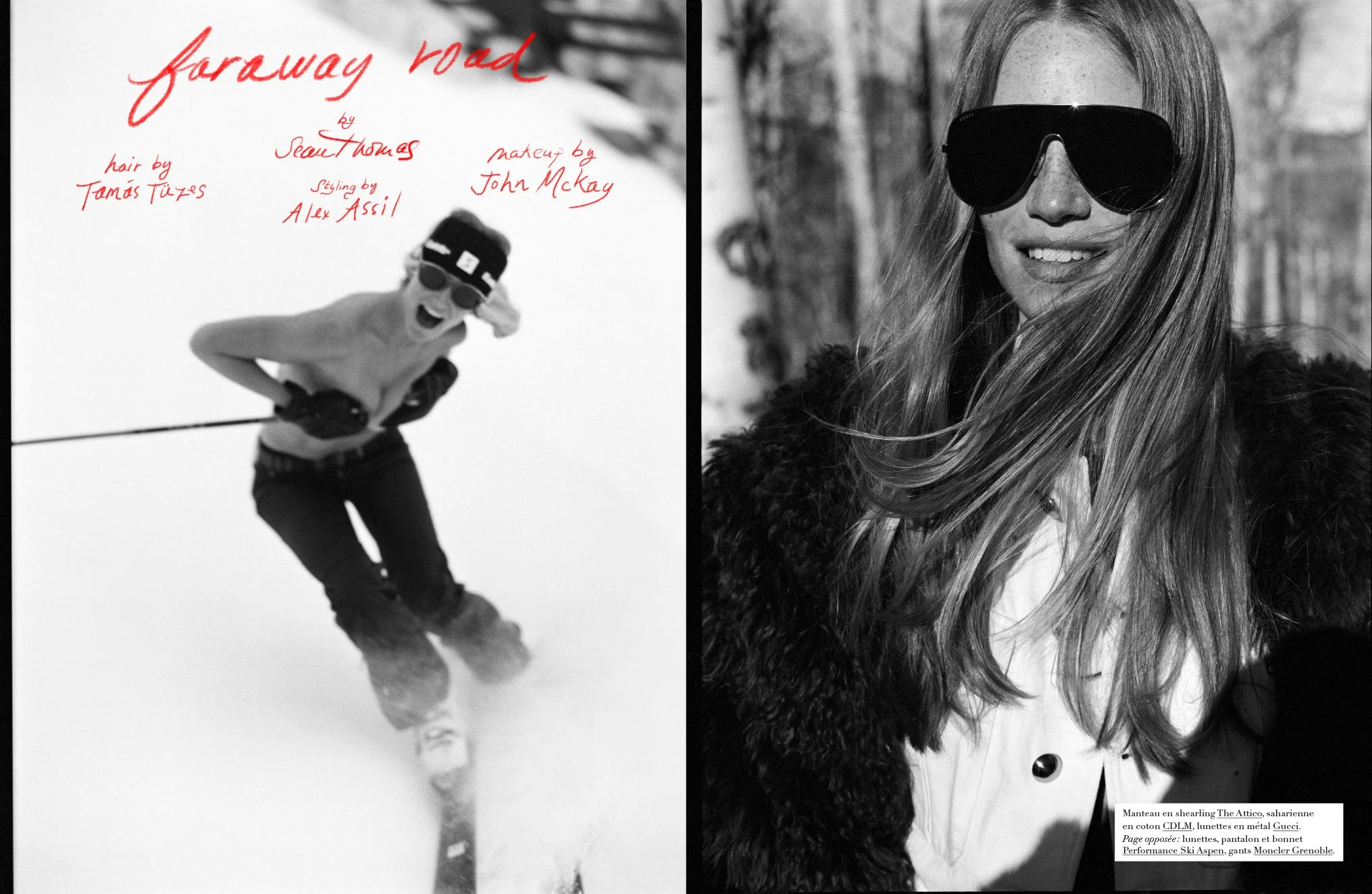  Opening spread from “Faraway Road,” featuring Rebecca Longendyke skiing and wearing oversized sunglasses in Aspen for Harper’s Bazaar France, photographed by Sean Thomas. 