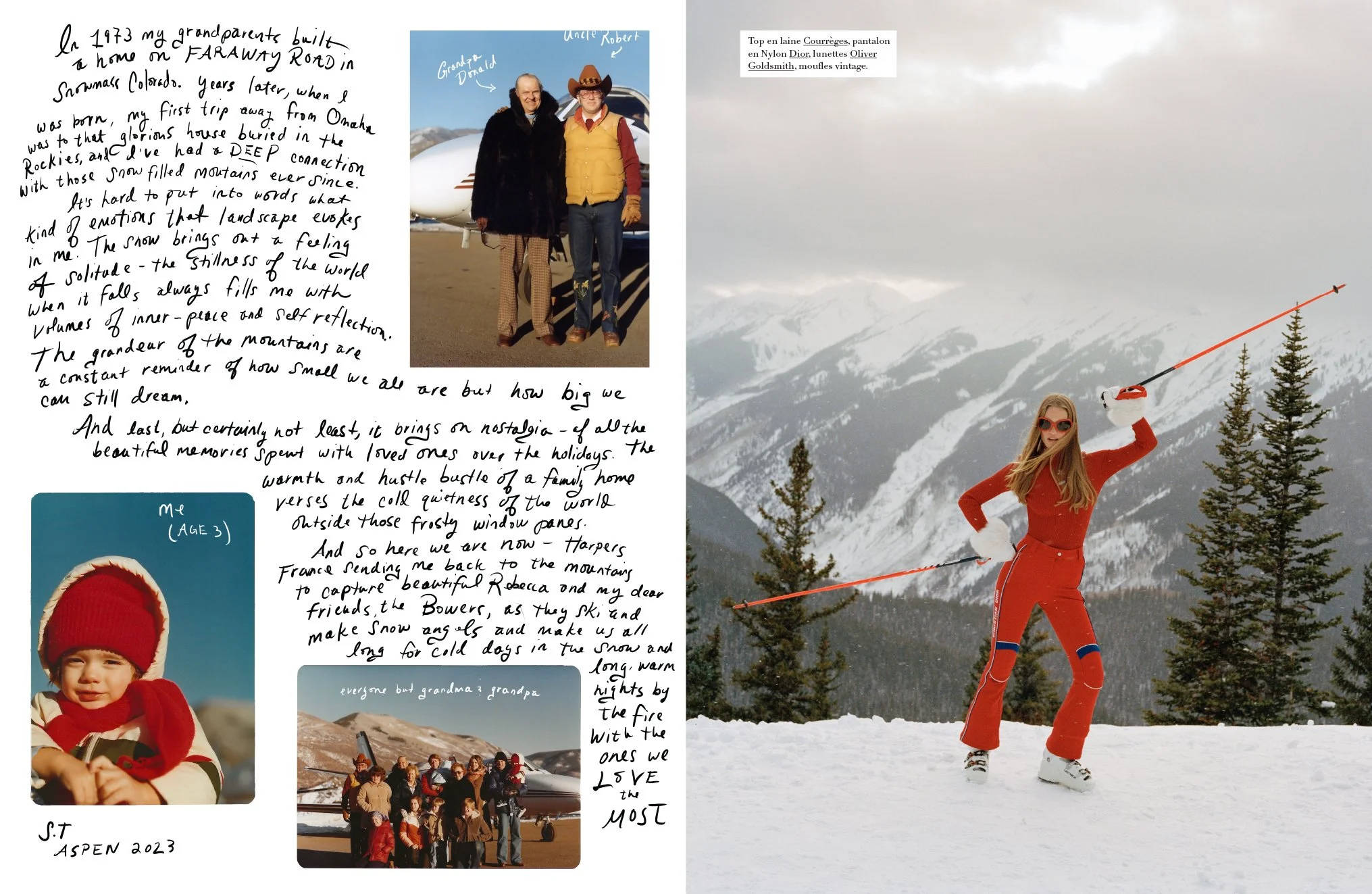  Handwritten story introduction and Rebecca Longendyke in a red ski suit on an Aspen slope for Harper’s Bazaar France, photographed by Sean Thomas. 