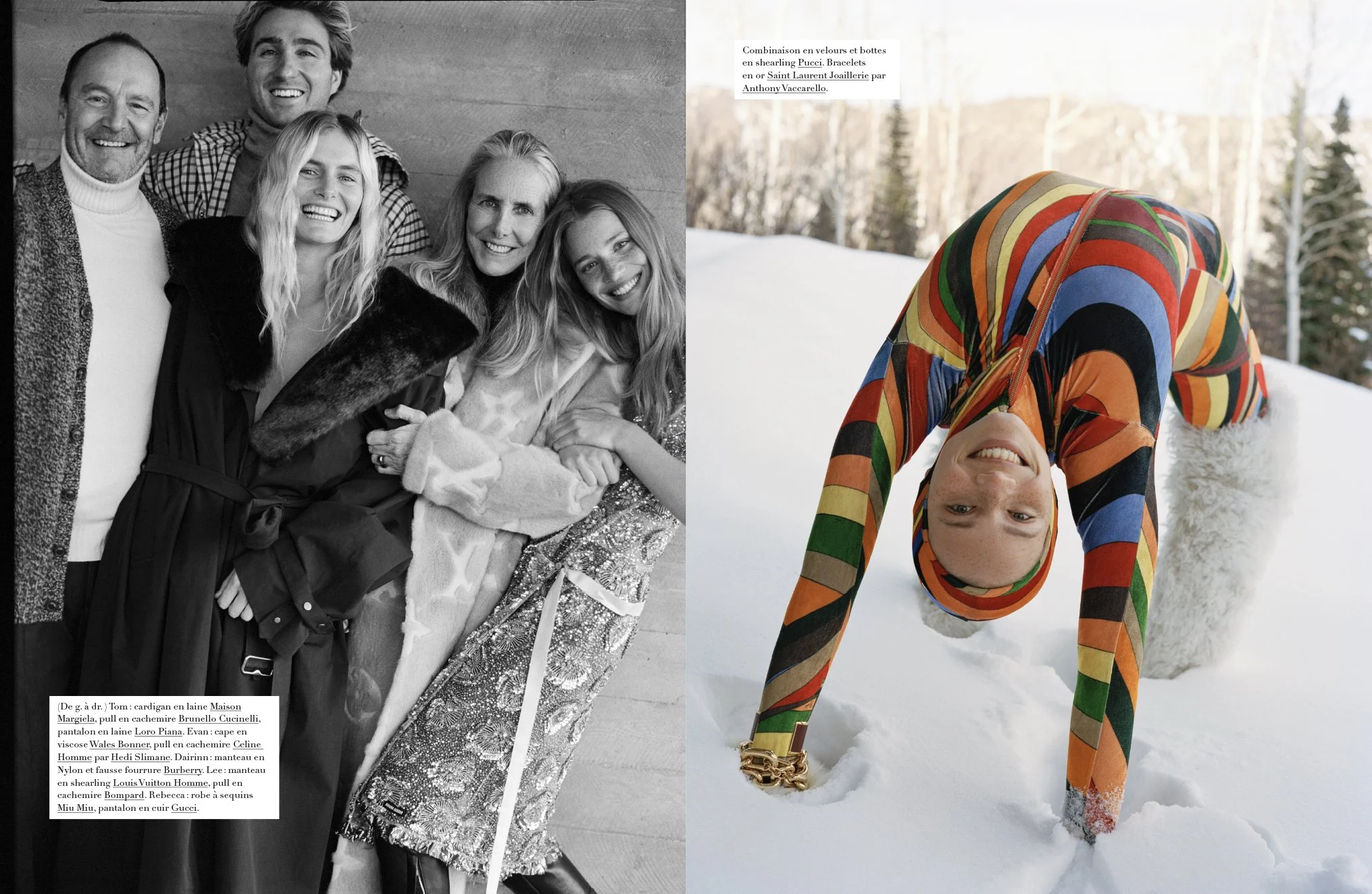 Rebecca Longendyke and the Bower family in a candid group portrait and colorful snow scene for Harper’s Bazaar France, photographed by Sean Thomas. 