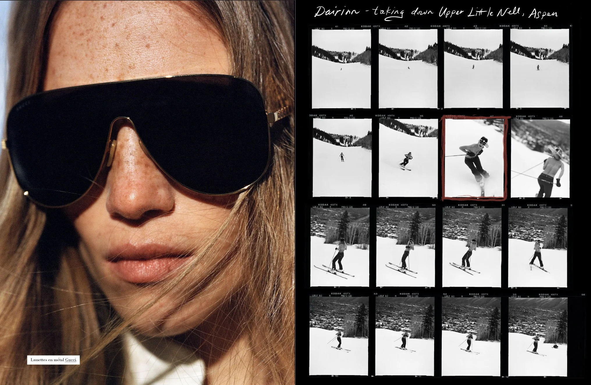  Close portrait of Rebecca Longendyke in oversized ski sunglasses beside a black-and-white contact sheet from Aspen, photographed by Sean Thomas for Harper’s Bazaar France. 