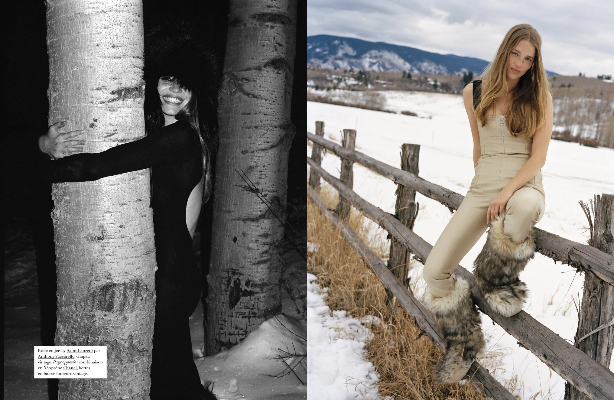  Rebecca Longendyke and a member of the Bower family photographed among Aspen trees and beside a snowy ranch fence for Harper’s Bazaar France by Sean Thomas. 