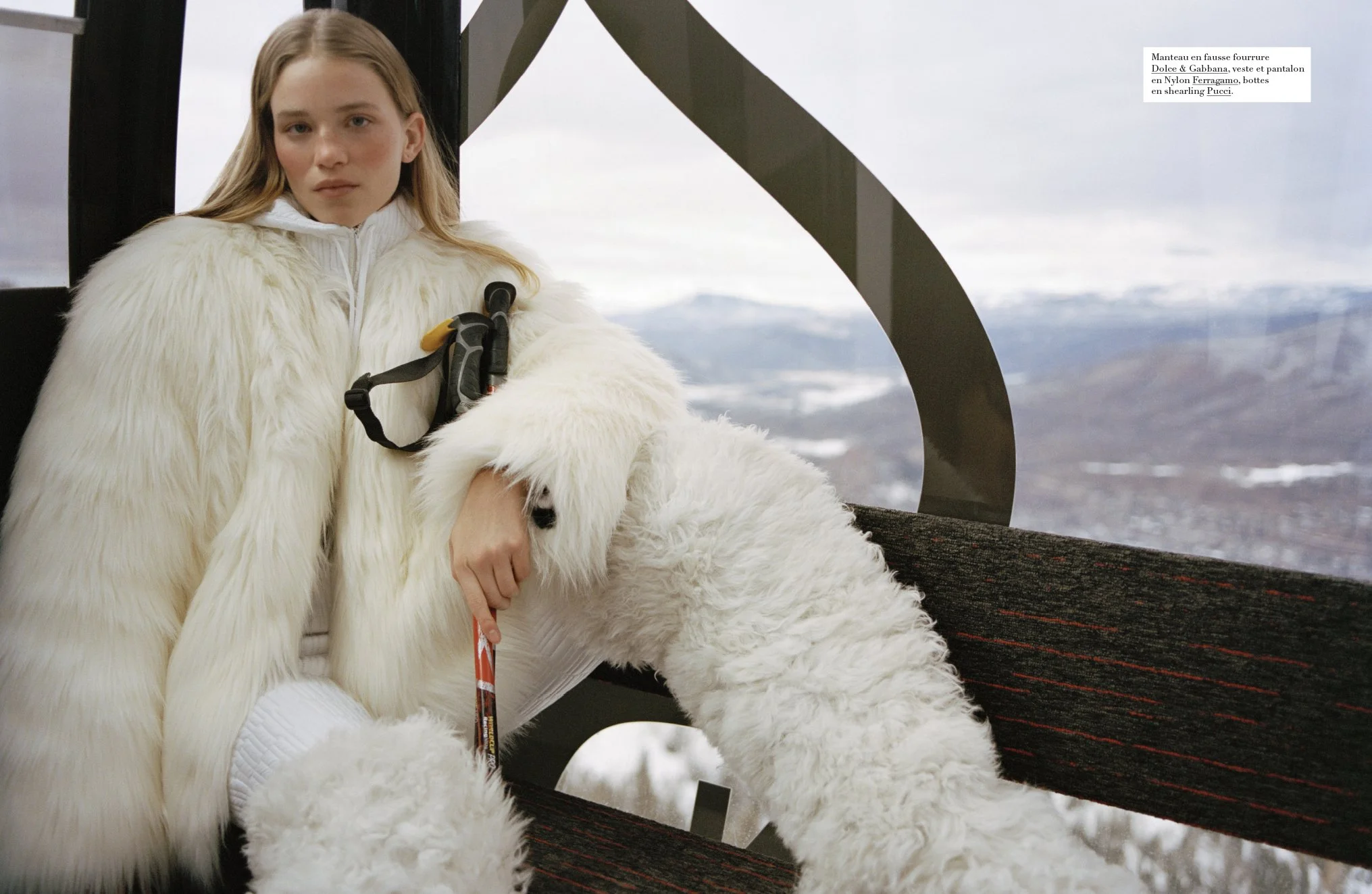  Rebecca Longendyke in a white shearling look against the Aspen mountain landscape for Harper’s Bazaar France, photographed by Sean Thomas. 