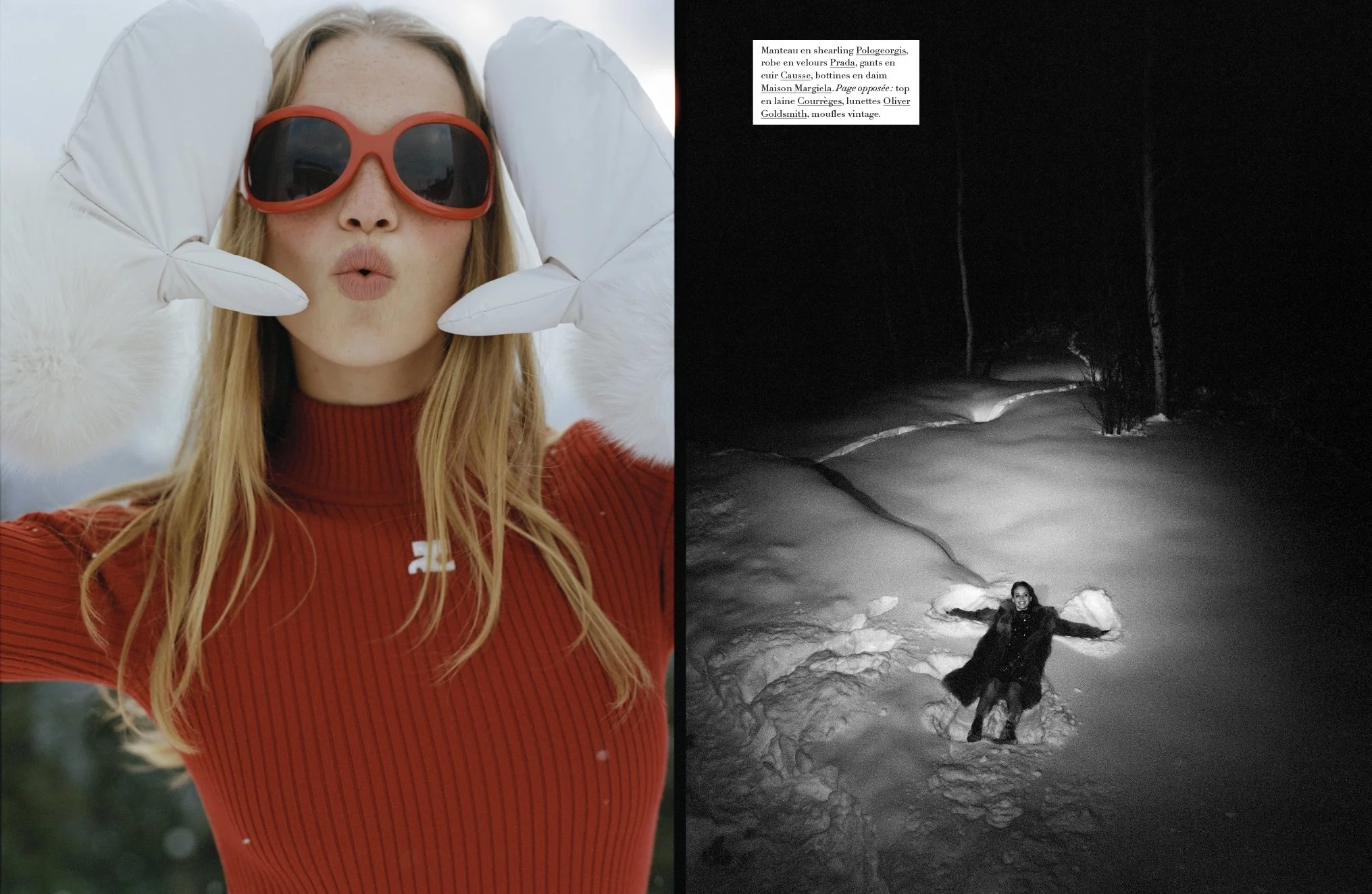  Rebecca Longendyke in red sunglasses and a black-and-white night skiing scene in Aspen for Harper’s Bazaar France, photographed by Sean Thomas. 