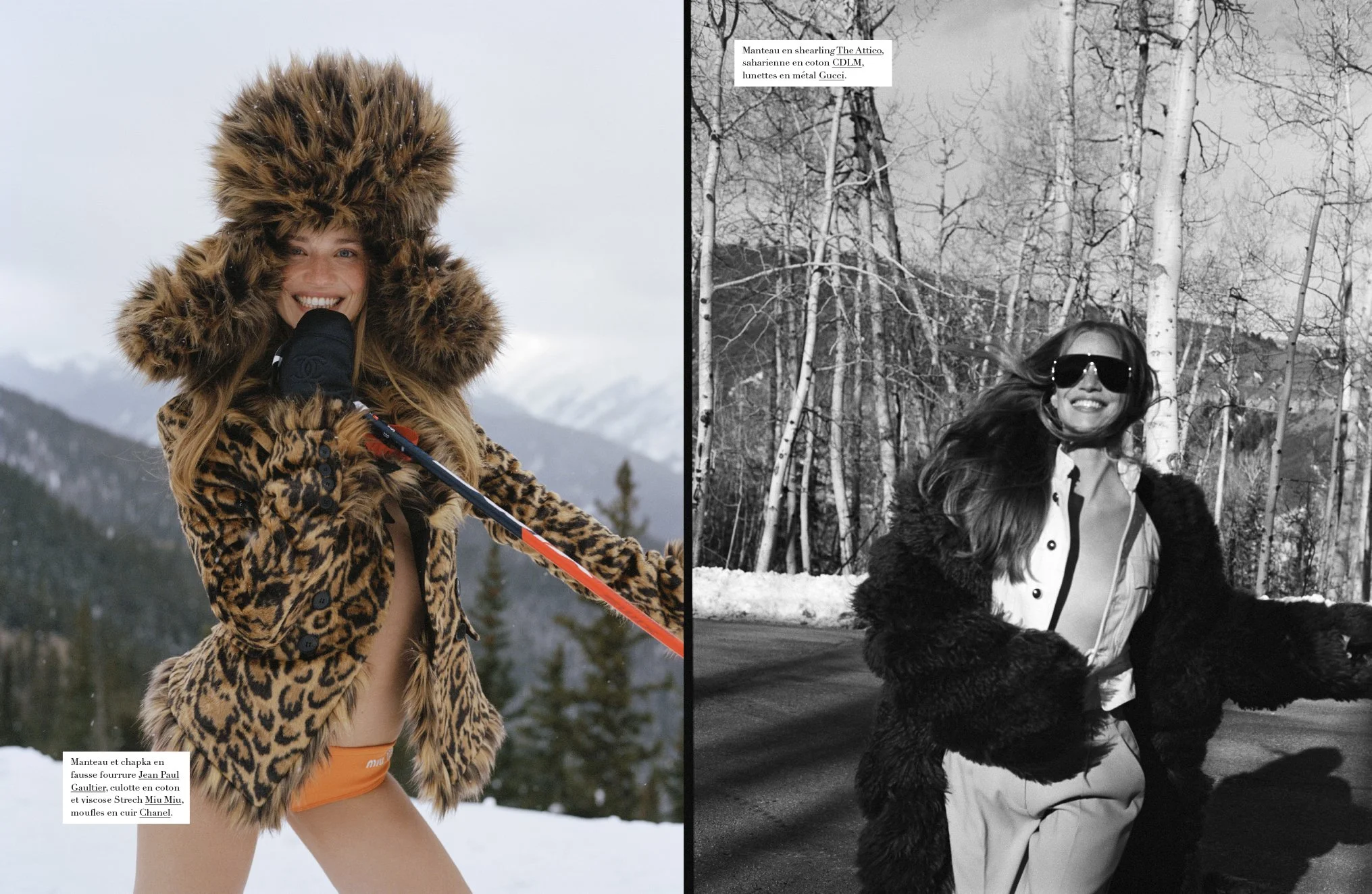  Rebecca Longendyke in a leopard-print ski look and a candid black-and-white Aspen portrait for Harper’s Bazaar France, photographed by Sean Thomas. 