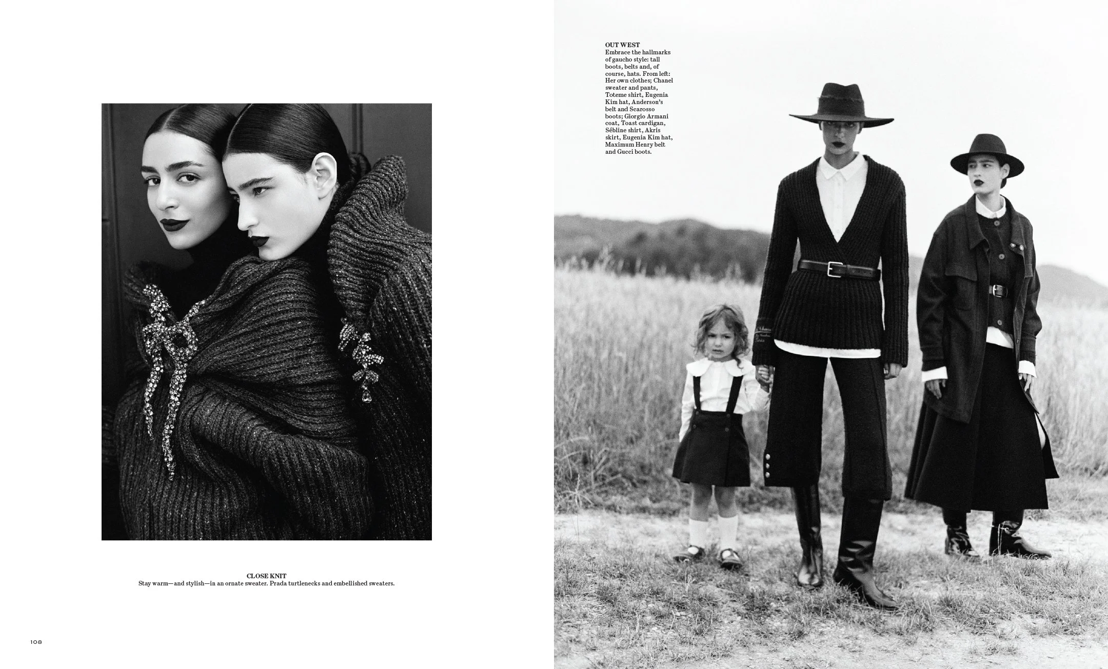  Black-and-white WSJ. Magazine spread with a close portrait of two models and a family scene in an open field, photographed by Sean Thomas in Piemonte. 
