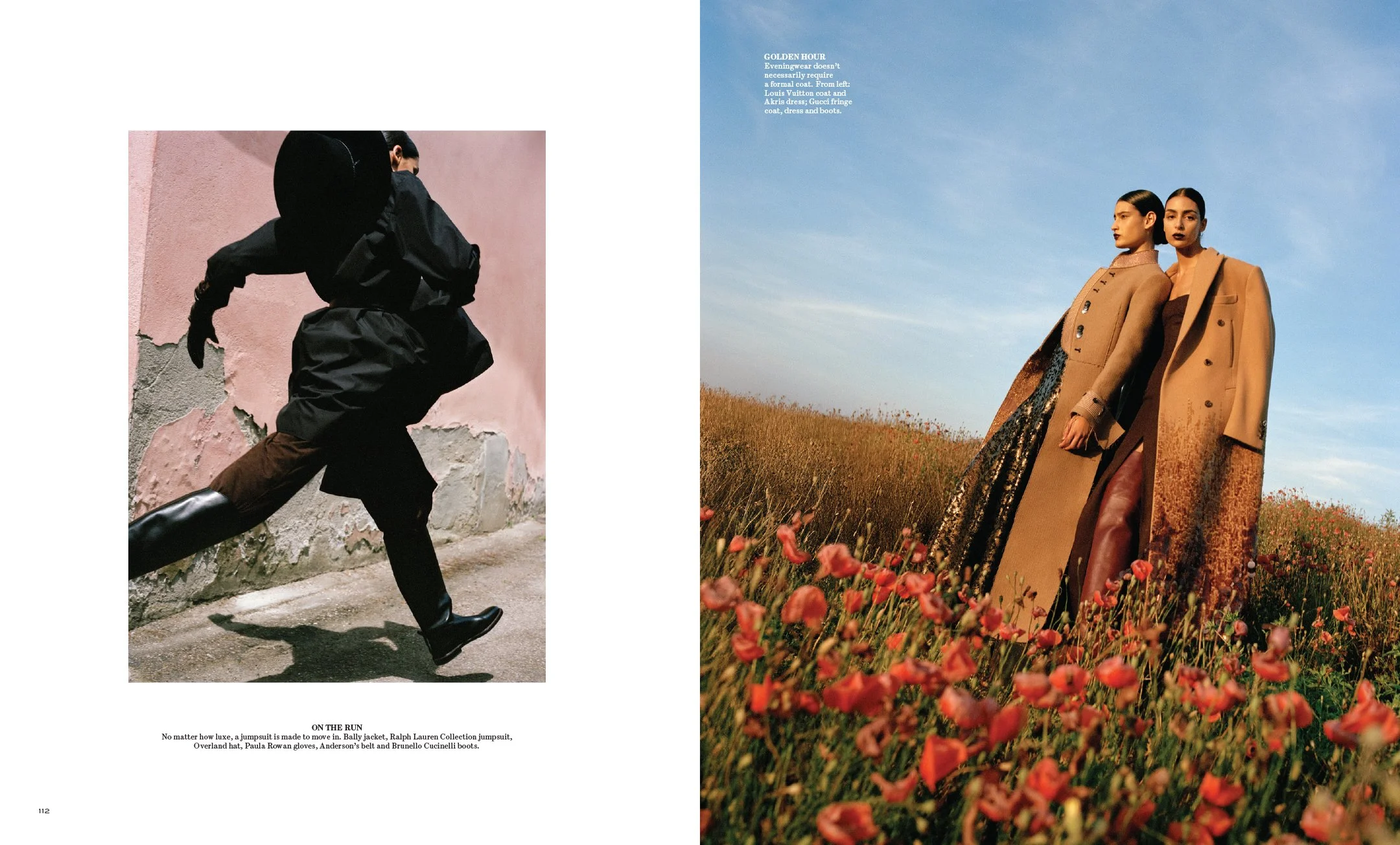  WSJ. Magazine spread pairing a model running beside a weathered wall with two models in a poppy field at golden hour, photographed by Sean Thomas in Piemonte. 