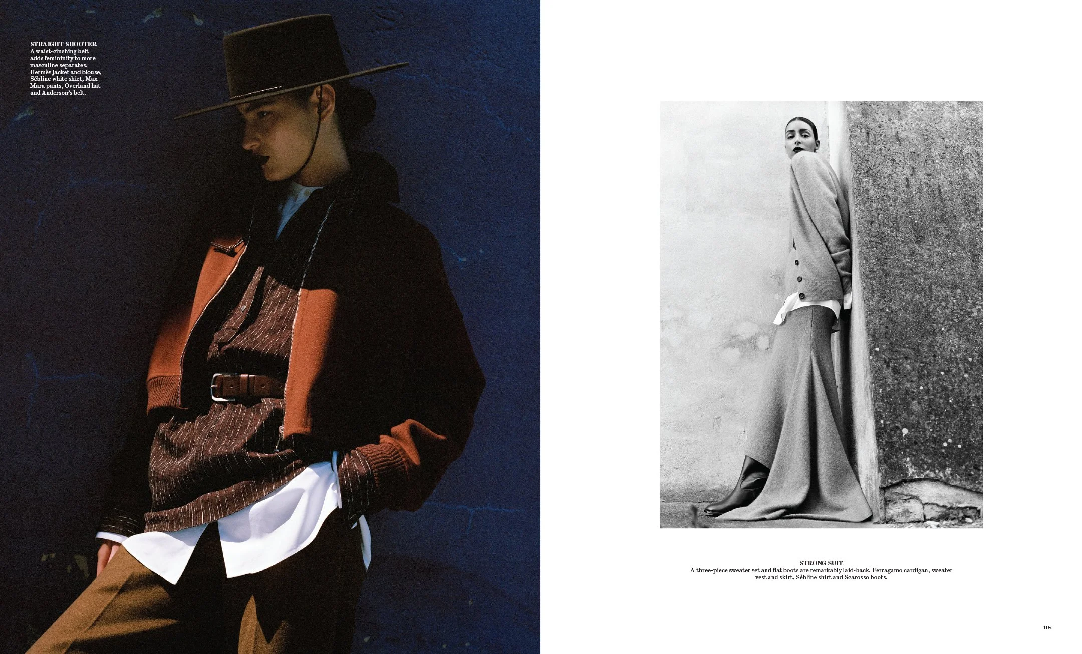  WSJ. Magazine spread with western-inspired portraits in a wide-brimmed hat and sculptural tailoring, photographed by Sean Thomas in Piemonte. 