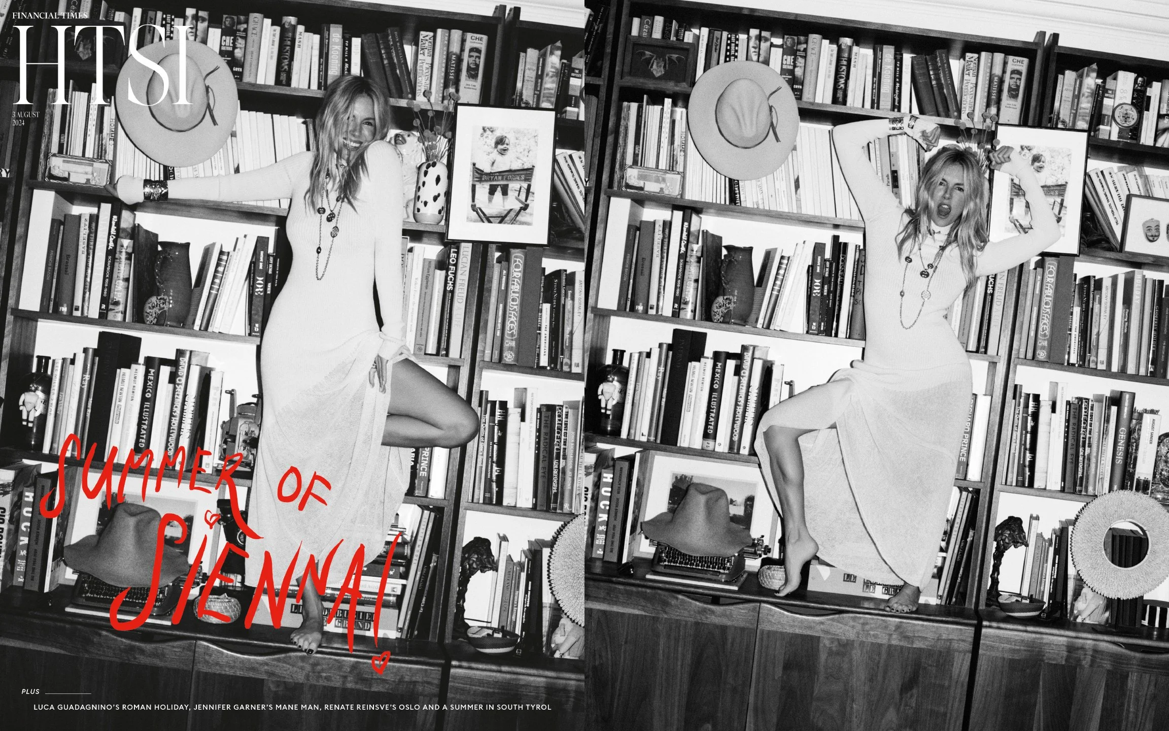  Black-and-white HTSI cover spread showing two playful portraits of Sienna Miller in a long pale knit dress, photographed by Sean Thomas in London. 