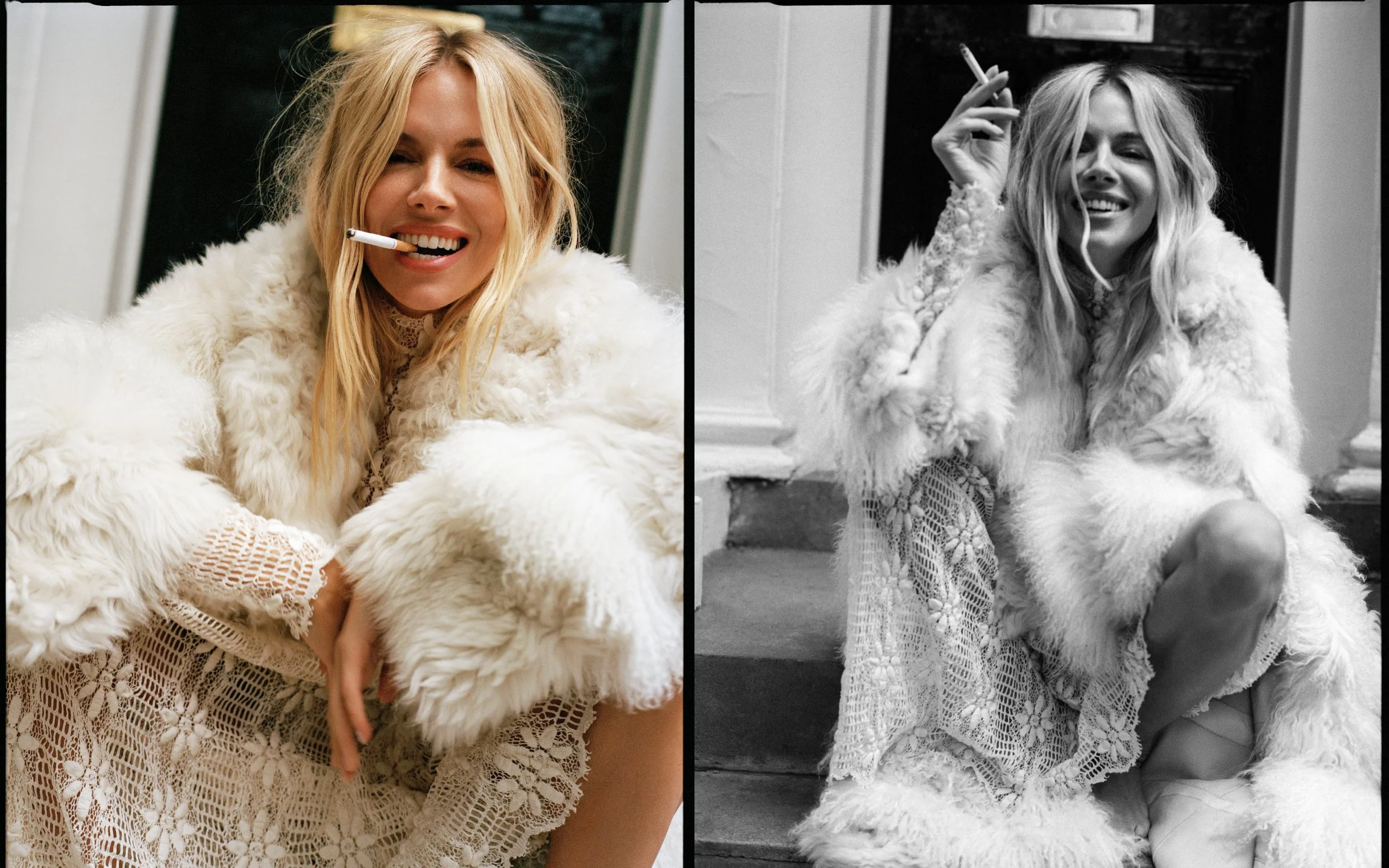  Color and black-and-white portraits of Sienna Miller in a shaggy white coat over lace, photographed outdoors in London by Sean Thomas for HTSI. 