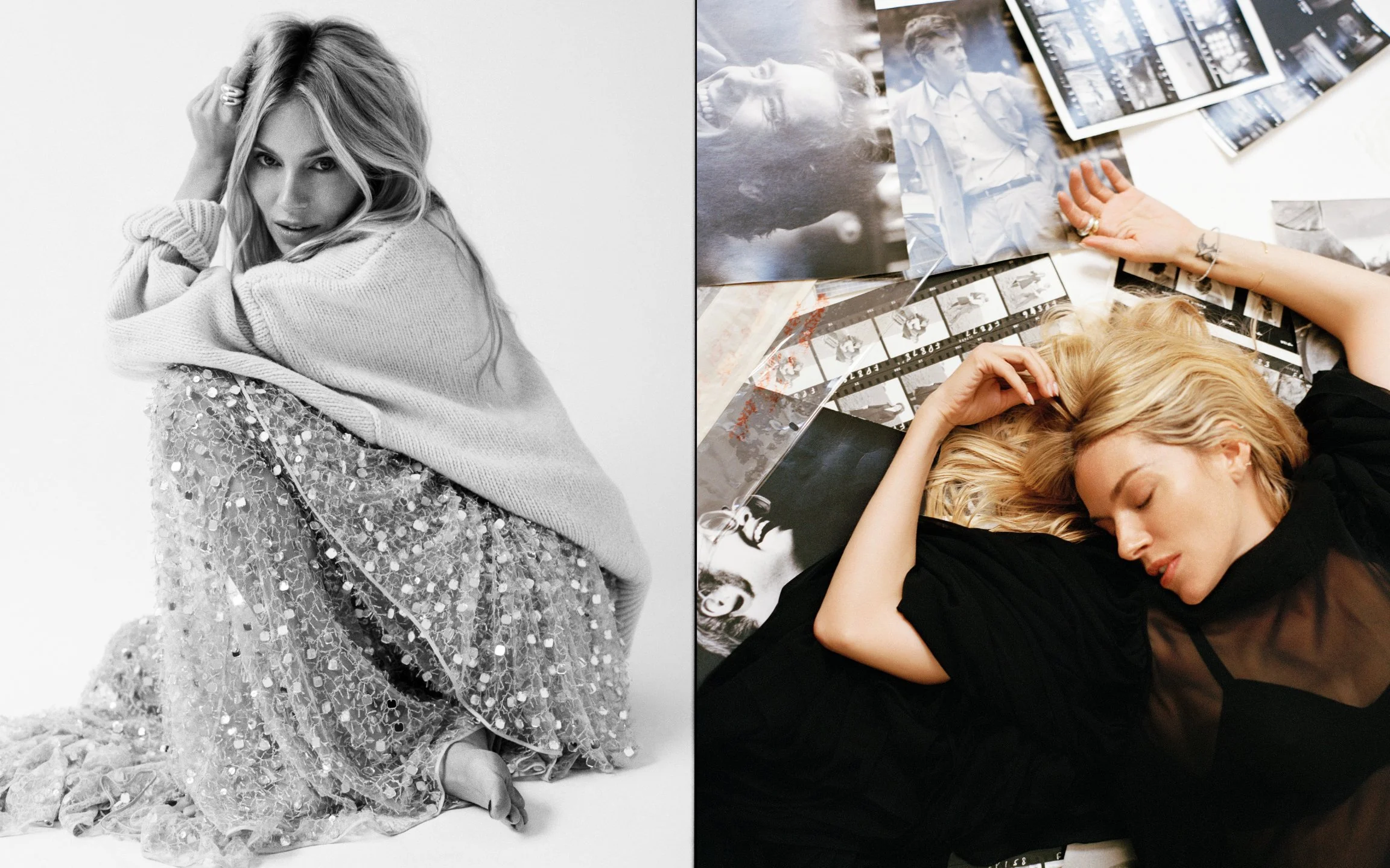  HTSI spread pairing Sienna Miller in a cream knit sweater and sequined skirt with a reclining portrait among contact sheets, photographed by Sean Thomas. 