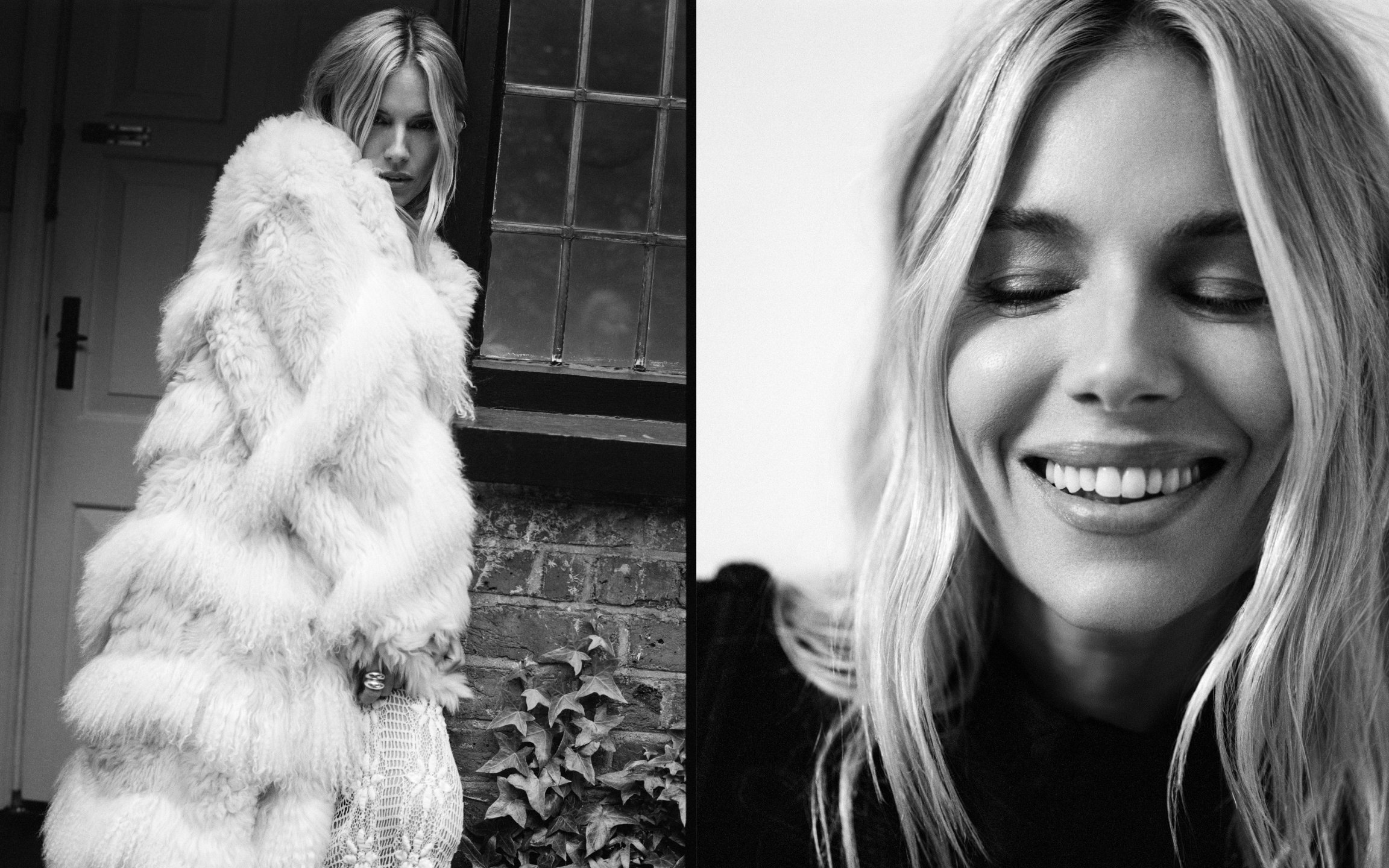  Black-and-white HTSI portraits of Sienna Miller in a shaggy white coat near a London doorway and smiling in close-up, photographed by Sean Thomas. 