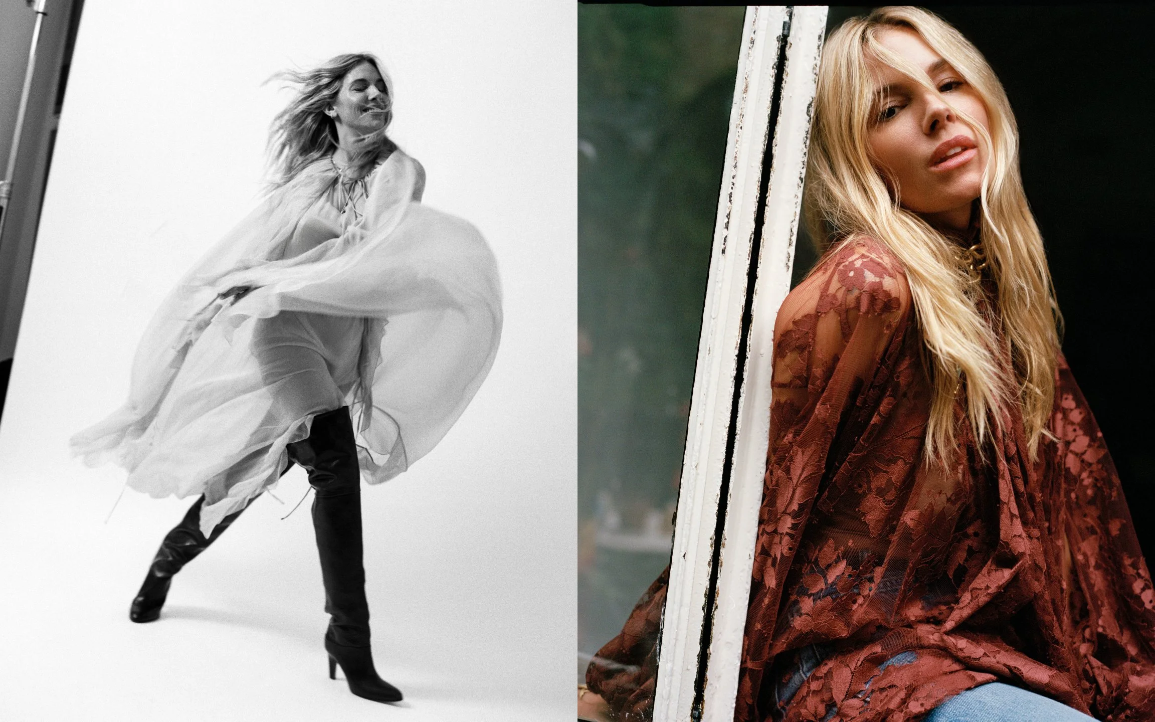  HTSI spread showing Sienna Miller in a flowing sheer dress and tall boots, alongside a color portrait in rust-red lace, photographed by Sean Thomas. 