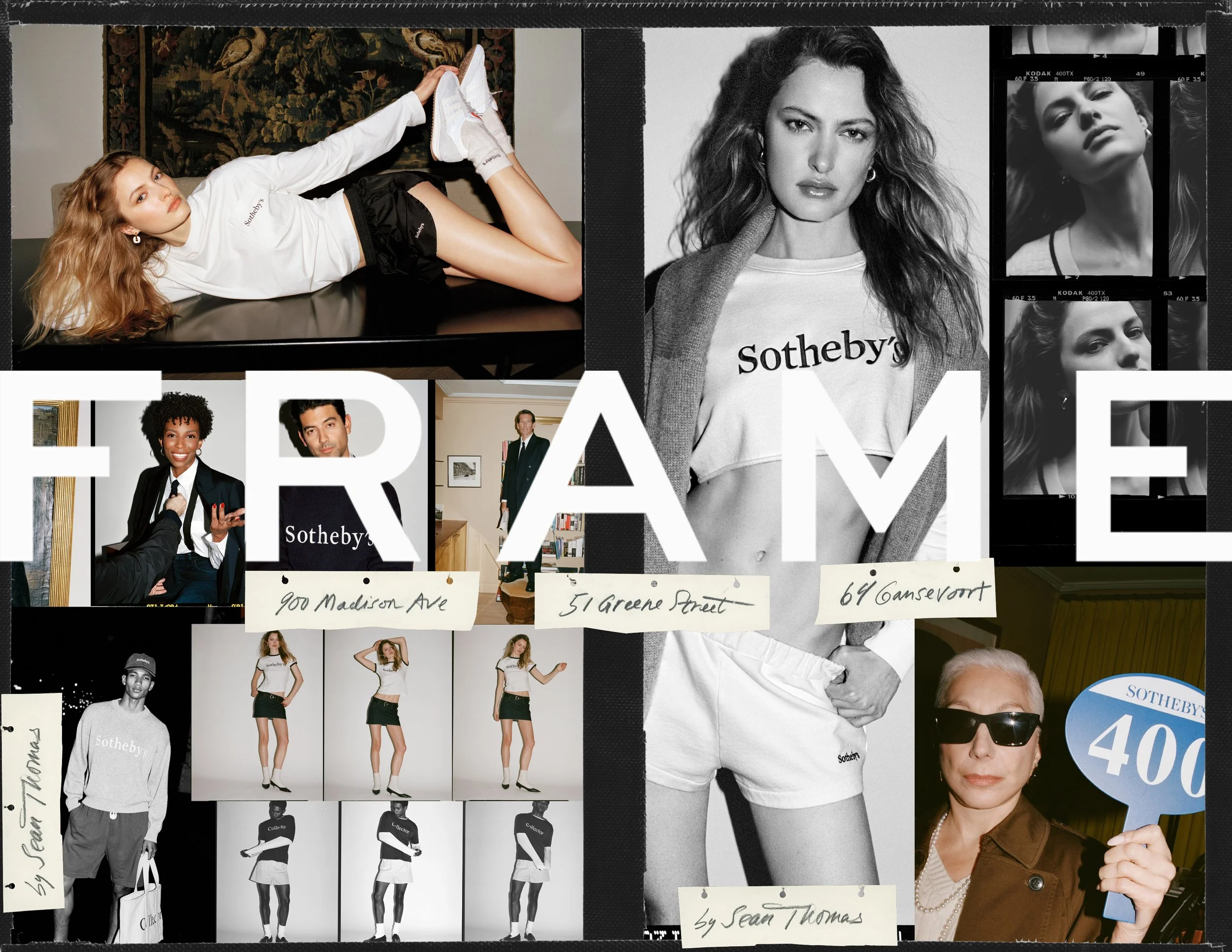  FRAME x Sotheby’s campaign contact sheet featuring Felice Nova Noordhoff, Sotheby’s staff and collection details, photographed by Sean Thomas. 