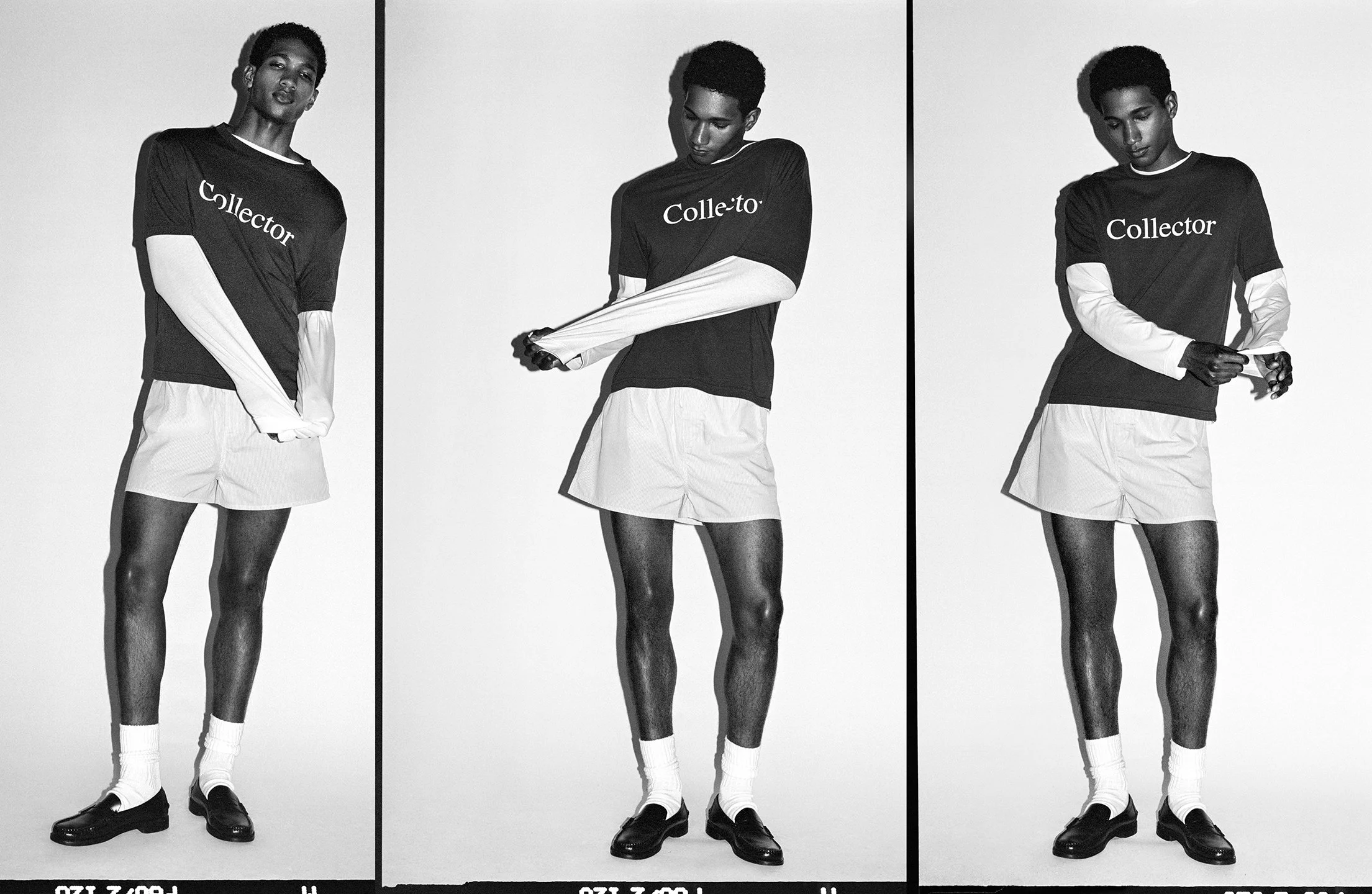  Three black-and-white studio portraits of Joshua Seth Williams in a Collector T-shirt and white shorts, photographed by Sean Thomas. 