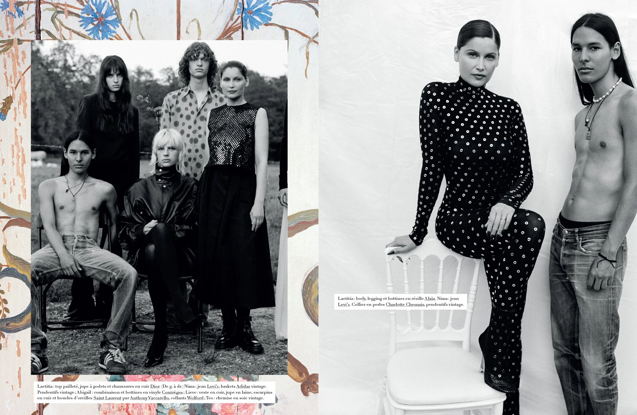  Harper’s Bazaar France double-page spread from “Laetitia Forever” with Laetitia Casta and the editorial’s family-and-friends cast in black-and-white portraits at a country estate, photographed by Sean Thomas. 