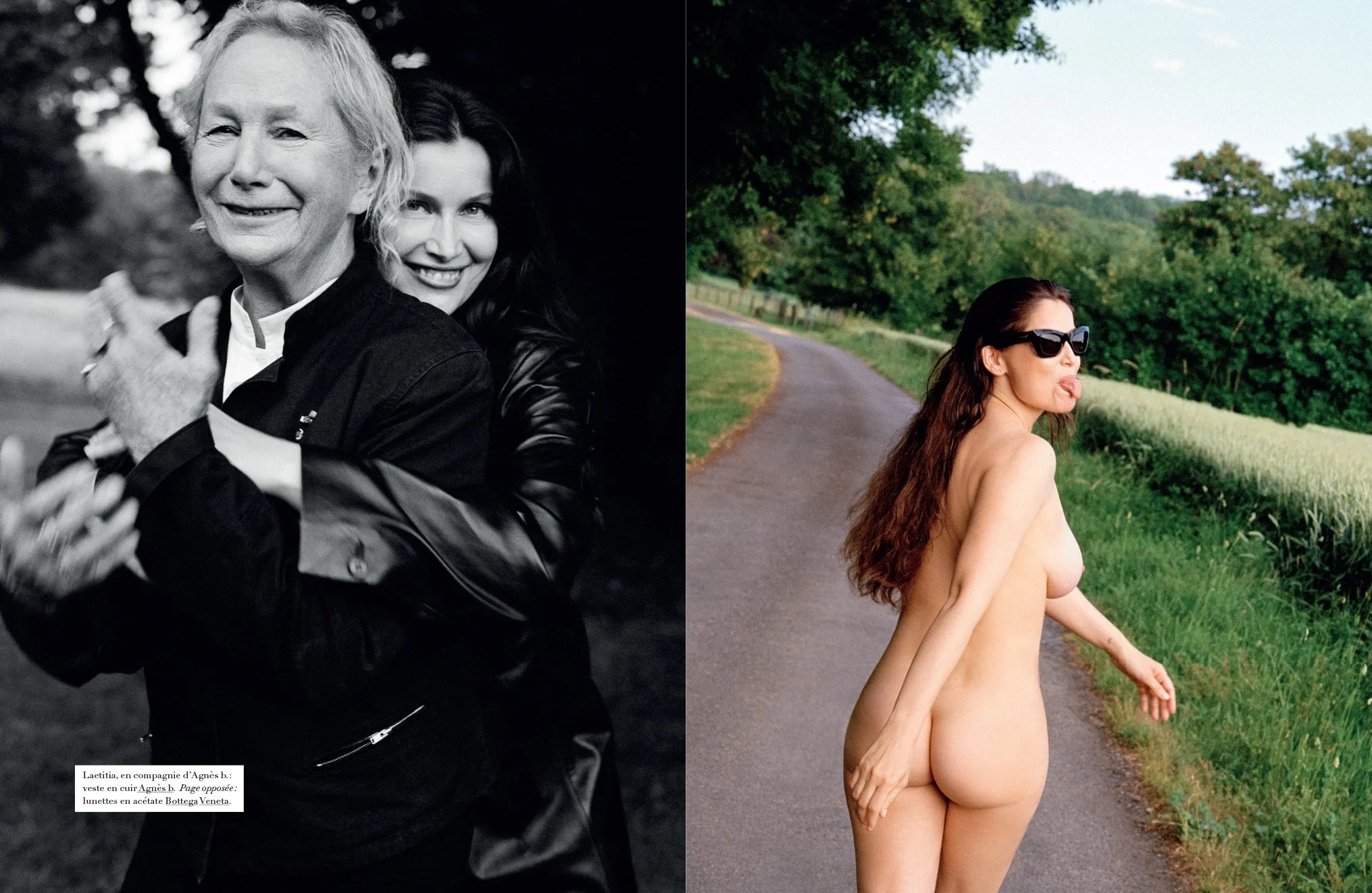  Laetitia Casta embraces an older man in a black-and-white portrait paired with a sunlit nude photograph on a country road, from Sean Thomas’s “Laetitia Forever” editorial for Harper’s Bazaar France. 