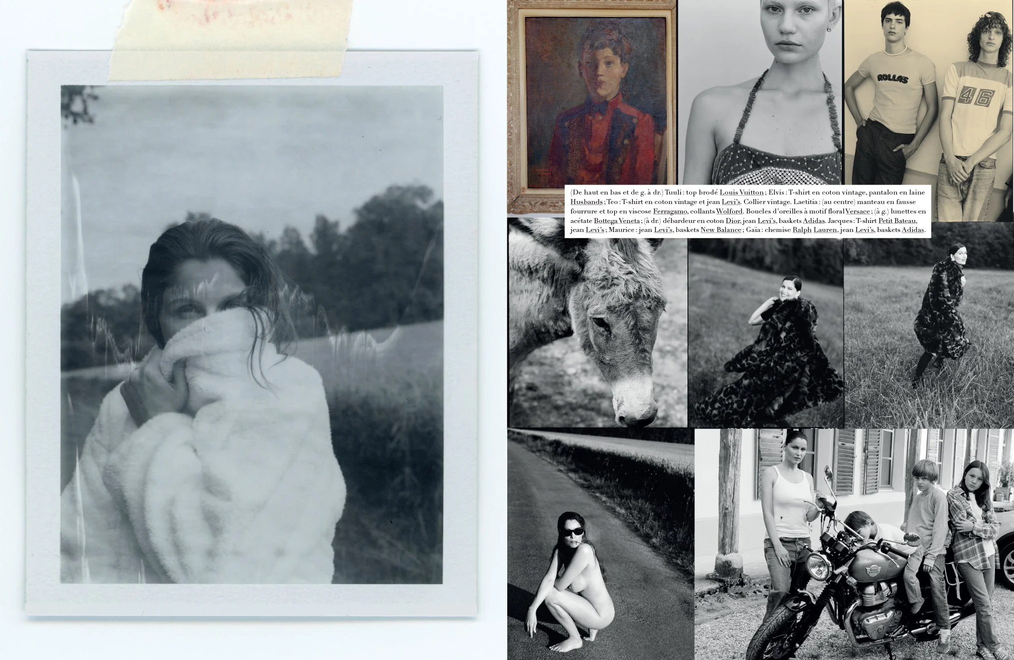  Harper’s Bazaar France collage pairing an instant-style portrait of Laetitia Casta wrapped in fur with candid estate photographs of the cast, a donkey and a motorcycle, photographed by Sean Thomas. 