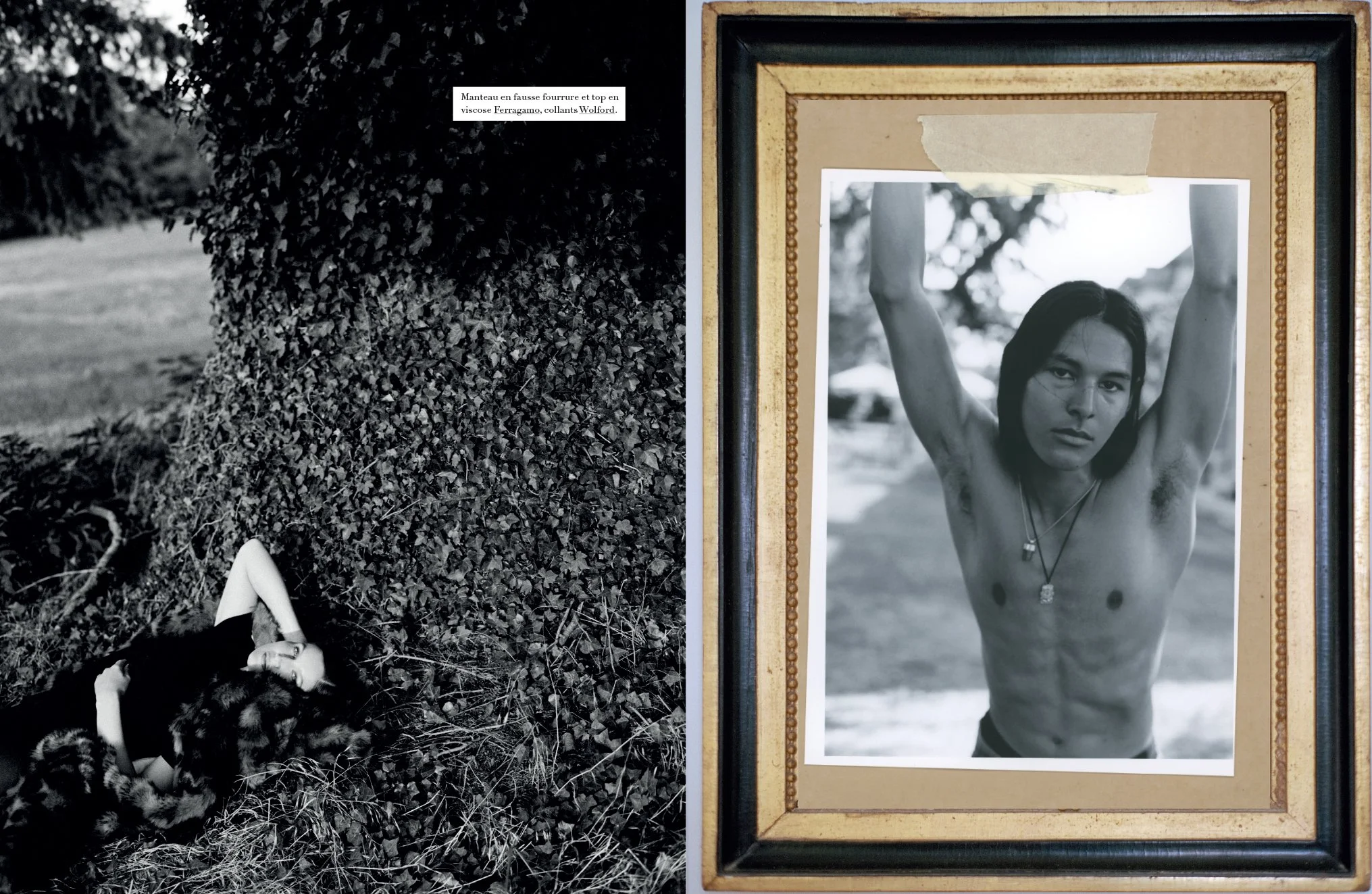  Black-and-white country-estate spread from “Laetitia Forever,” showing a figure reclining beneath a tree beside a framed portrait of a young man, photographed by Sean Thomas for Harper’s Bazaar France. 