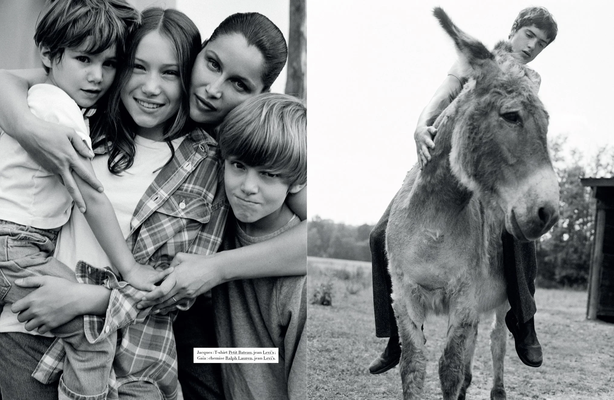  Laetitia Casta embraces three young members of the cast beside a black-and-white portrait of a young man riding a donkey, photographed by Sean Thomas for Harper’s Bazaar France. 