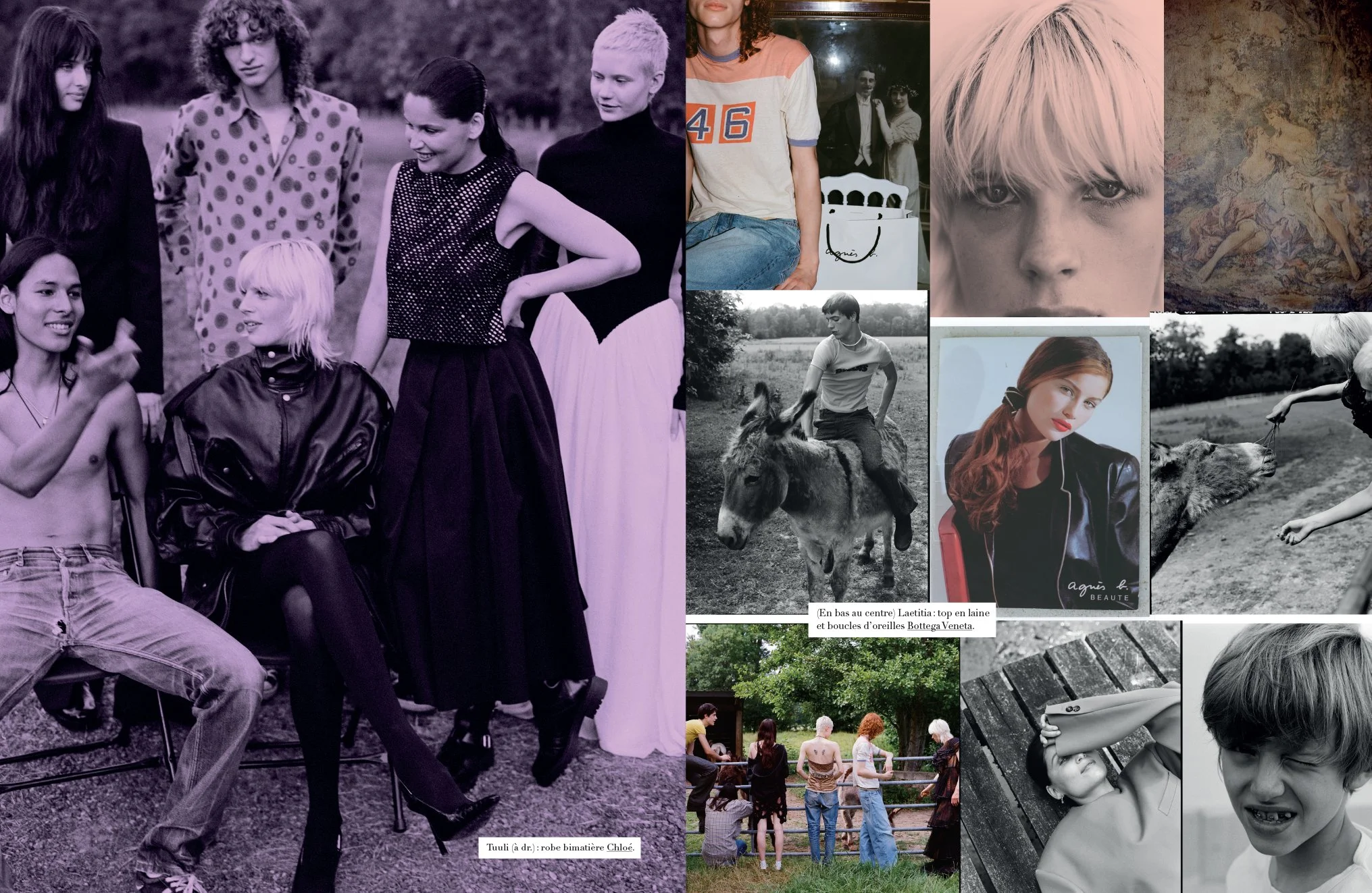  Harper’s Bazaar France spread combining a tinted group portrait of Laetitia Casta and the cast with candid photographs from the country-estate shoot, photographed by Sean Thomas. 