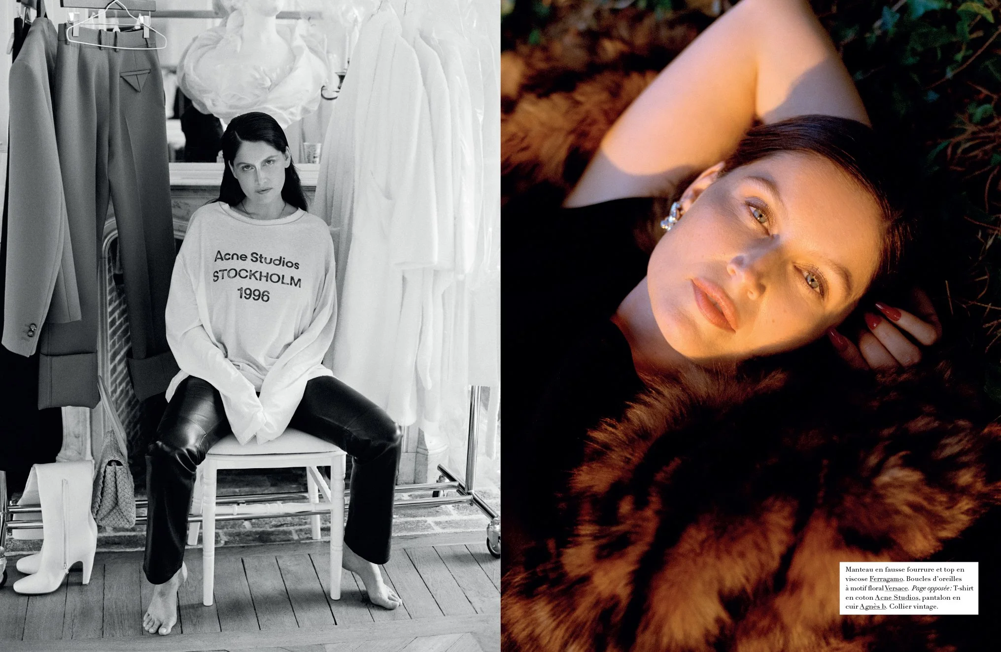  Laetitia Casta photographed backstage among clothing rails and reclining outdoors in warm light, from Sean Thomas’s “Laetitia Forever” fashion story for Harper’s Bazaar France. 