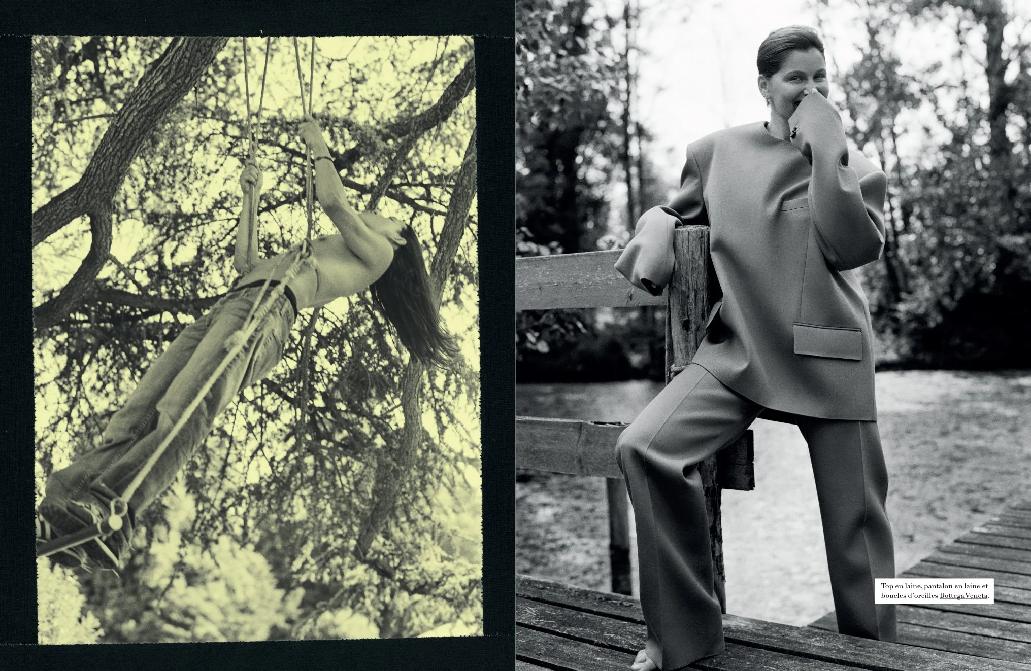  Country-estate diptych from Harper’s Bazaar France: a figure hanging from a tree and Laetitia Casta in an oversized trouser suit beside a wooden bridge, photographed by Sean Thomas. 