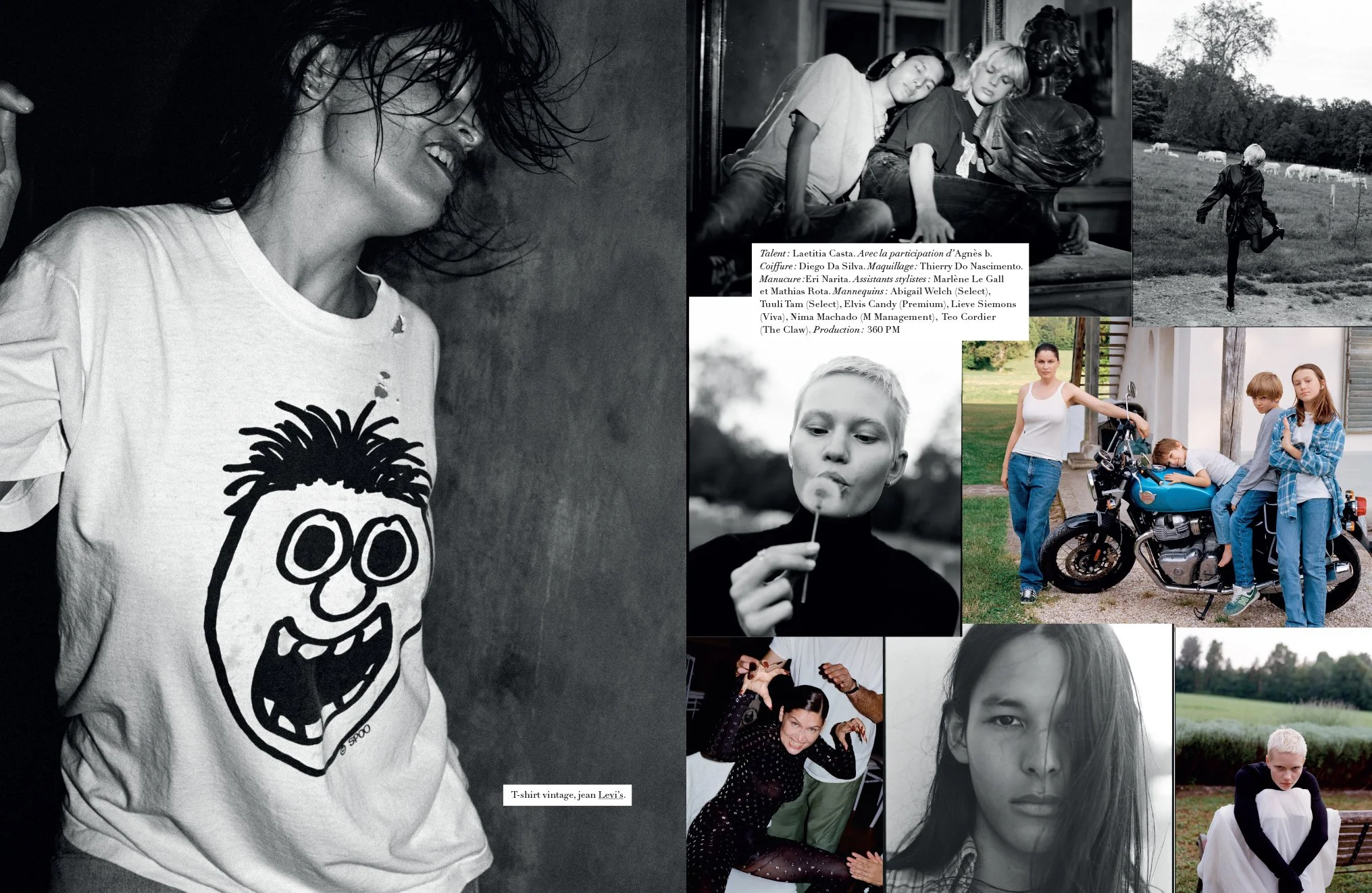  Closing Harper’s Bazaar France spread with a candid portrait of a young man in a graphic T-shirt and a collage of the “Laetitia Forever” cast and estate shoot, photographed by Sean Thomas. 