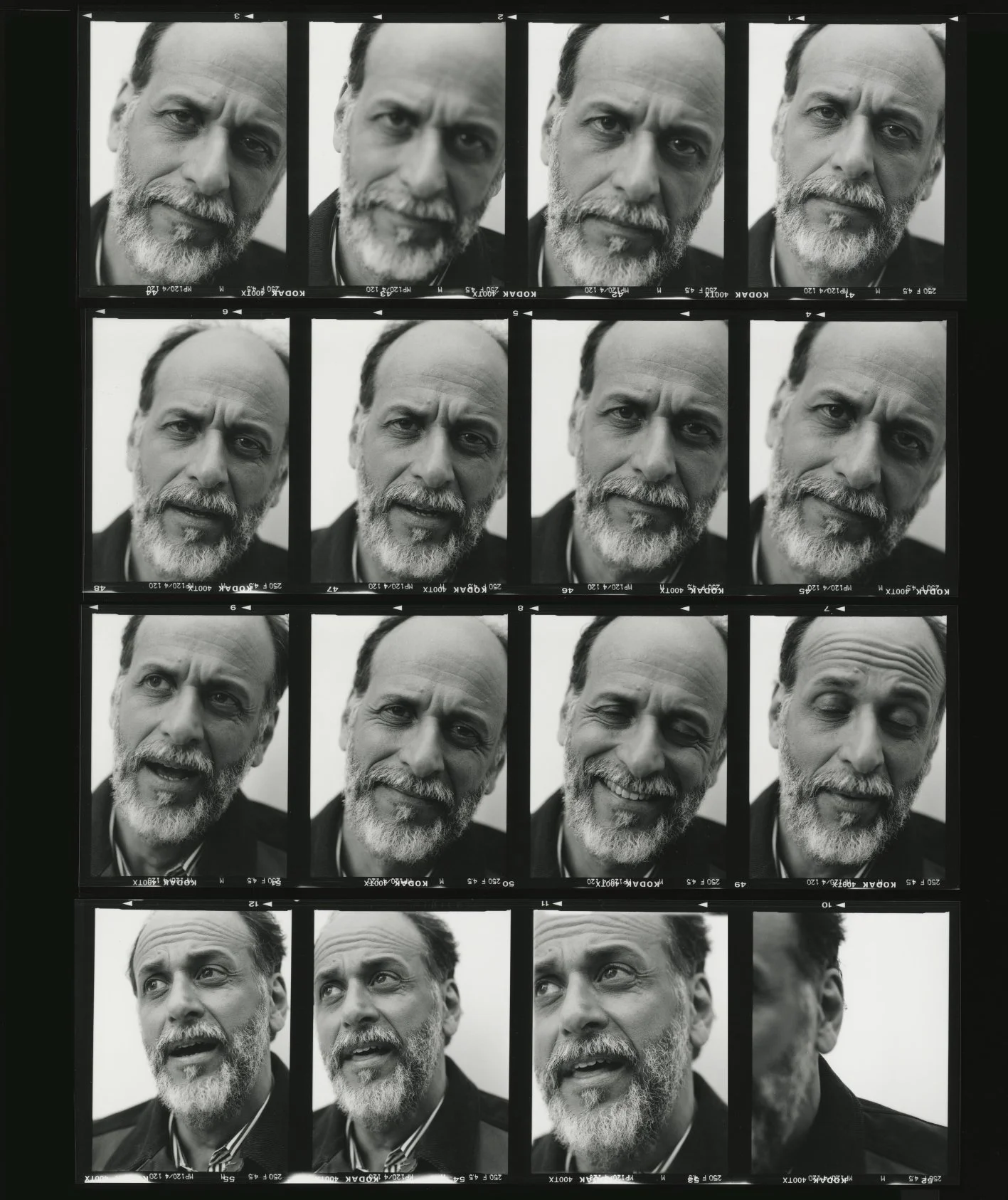  Black-and-white contact sheet of close-up portraits of filmmaker Luca Guadagnino, photographed by Sean Thomas for Door magazine. 