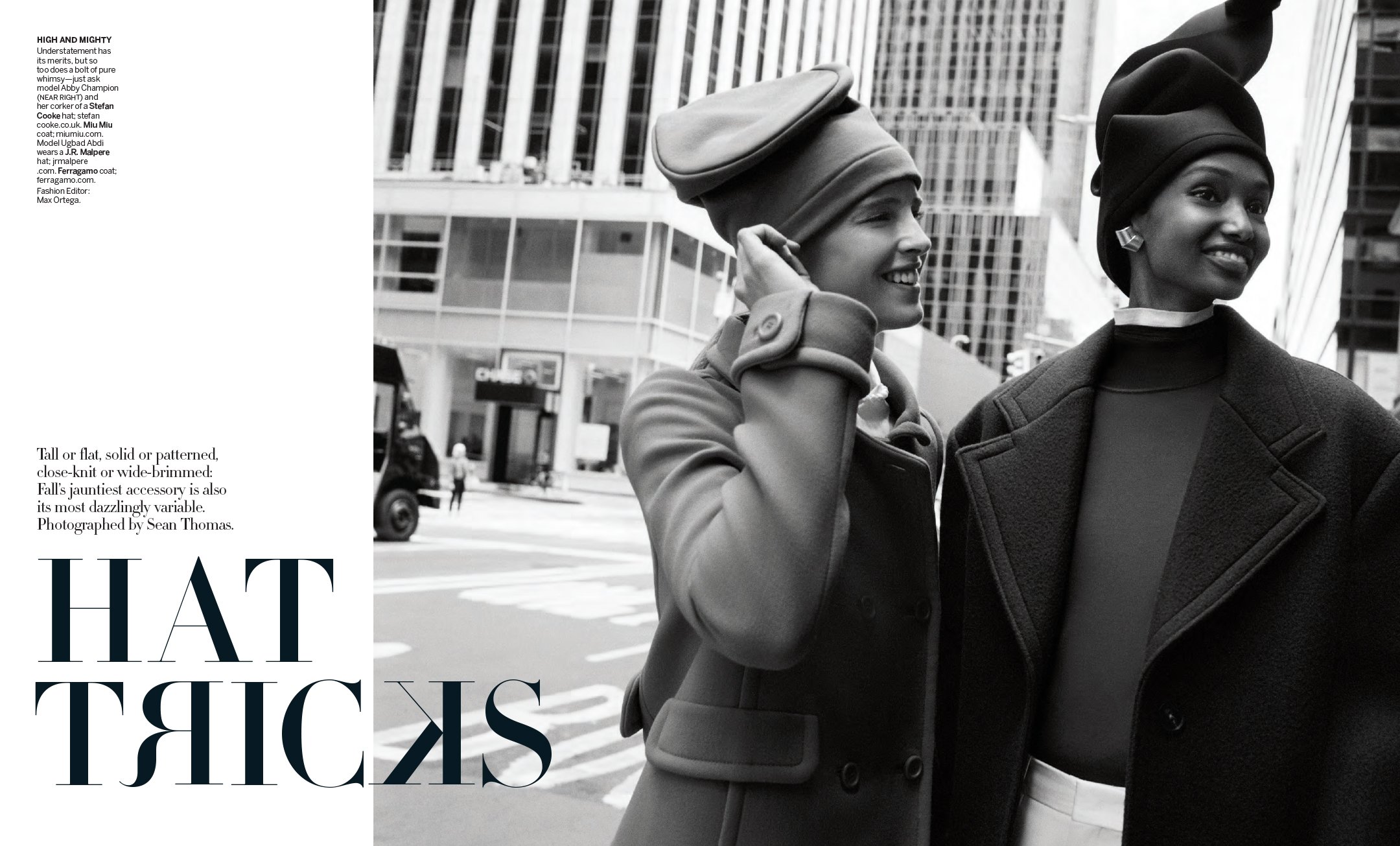  Vogue “Hat Tricks” opening spread with Abby Champion in a Stefan Cooke hat and Ugbad Abdi in a J.R. Malpere hat on a New York City street, photographed by Sean Thomas and styled by Max Ortega. 