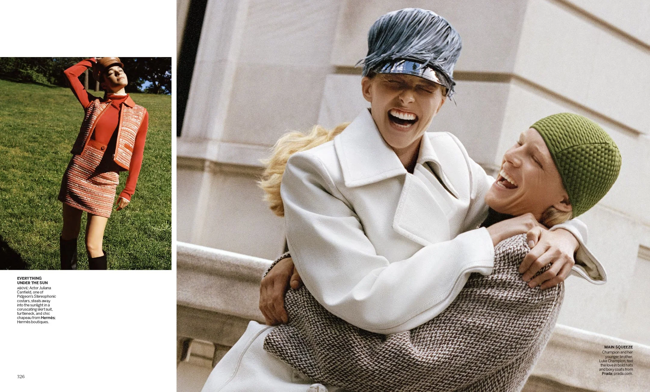  Vogue “Hat Tricks” spread with Juliana Canfield in Hermès and siblings Abby and Luke Champion in Prada, photographed by Sean Thomas in New York City and styled by Max Ortega. 