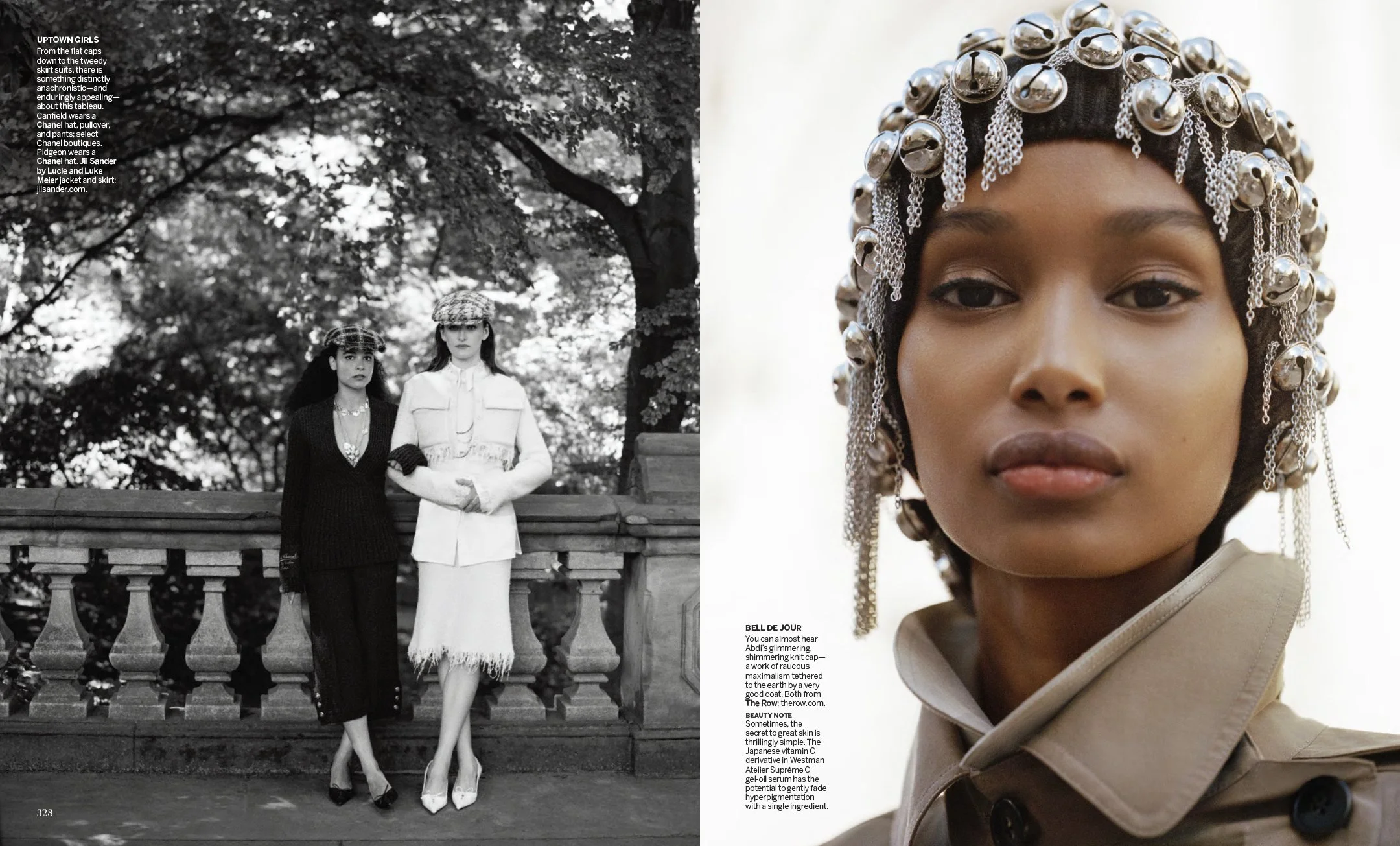 Vogue “Hat Tricks” spread pairing Juliana Canfield and Sarah Pidgeon in Chanel with Ugbad Abdi in The Row, photographed by Sean Thomas in New York City and styled by Max Ortega. 