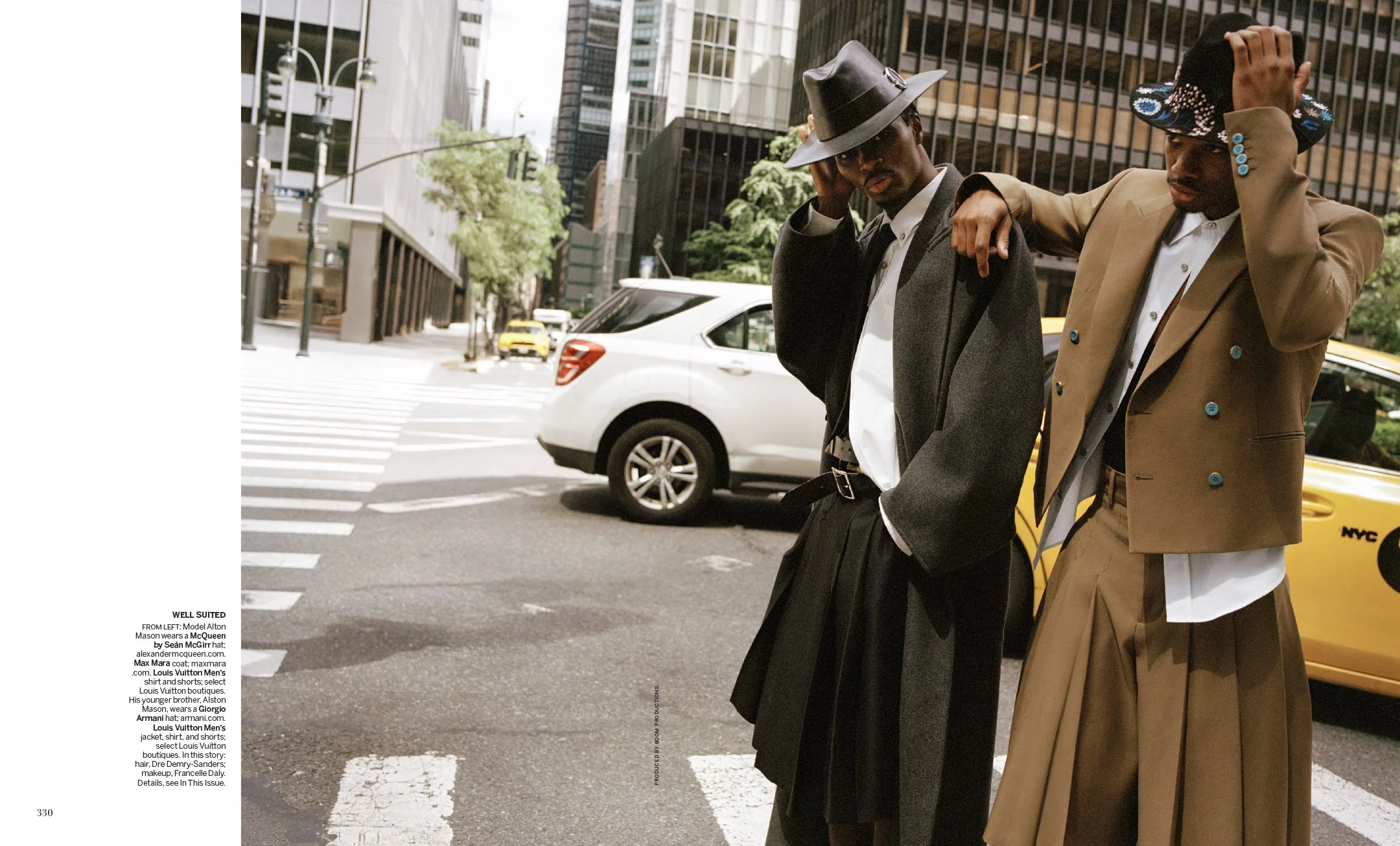  Alton Mason and Alston Mason wearing sculptural hats and tailored looks on a New York City street for Vogue “Hat Tricks,” photographed by Sean Thomas and styled by Max Ortega. 