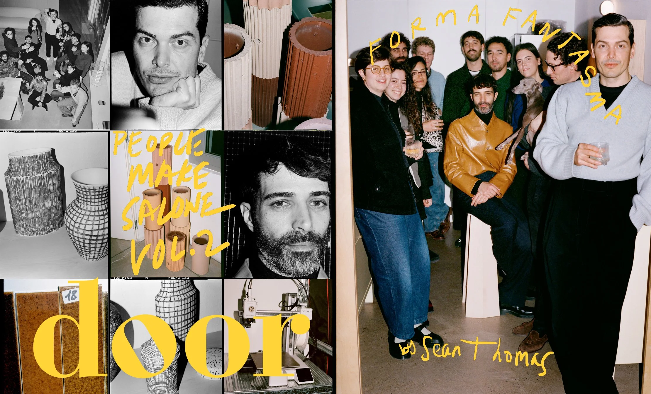  Formafantasma team portrait and collage of designers, objects and studio references in Milan, photographed by Sean Thomas for Door’s “People Make Salone Vol. 2.” 