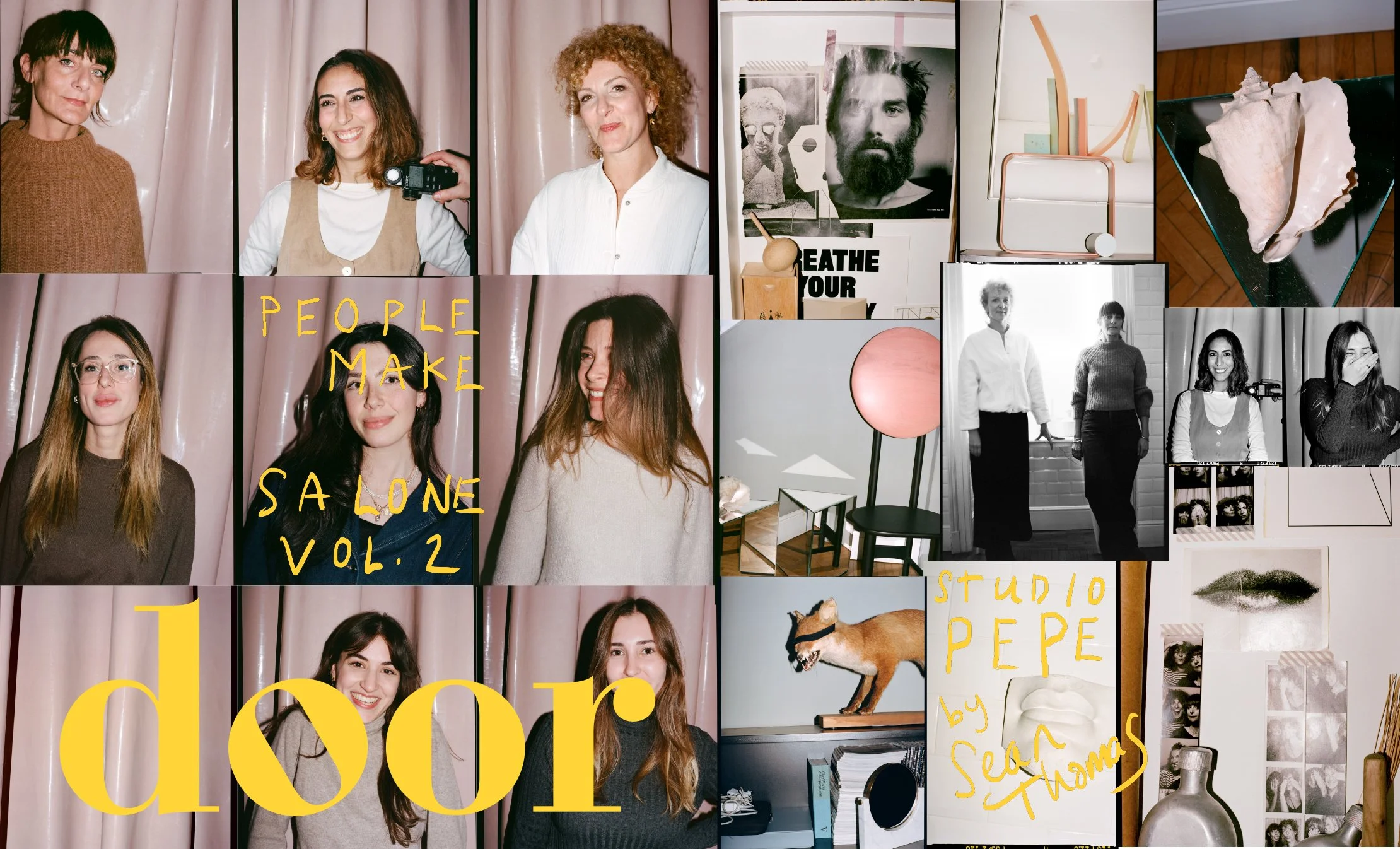  Studiopepe spread combining individual team portraits with furniture, artwork and visual references from the Milan design studio, photographed by Sean Thomas for Door. 